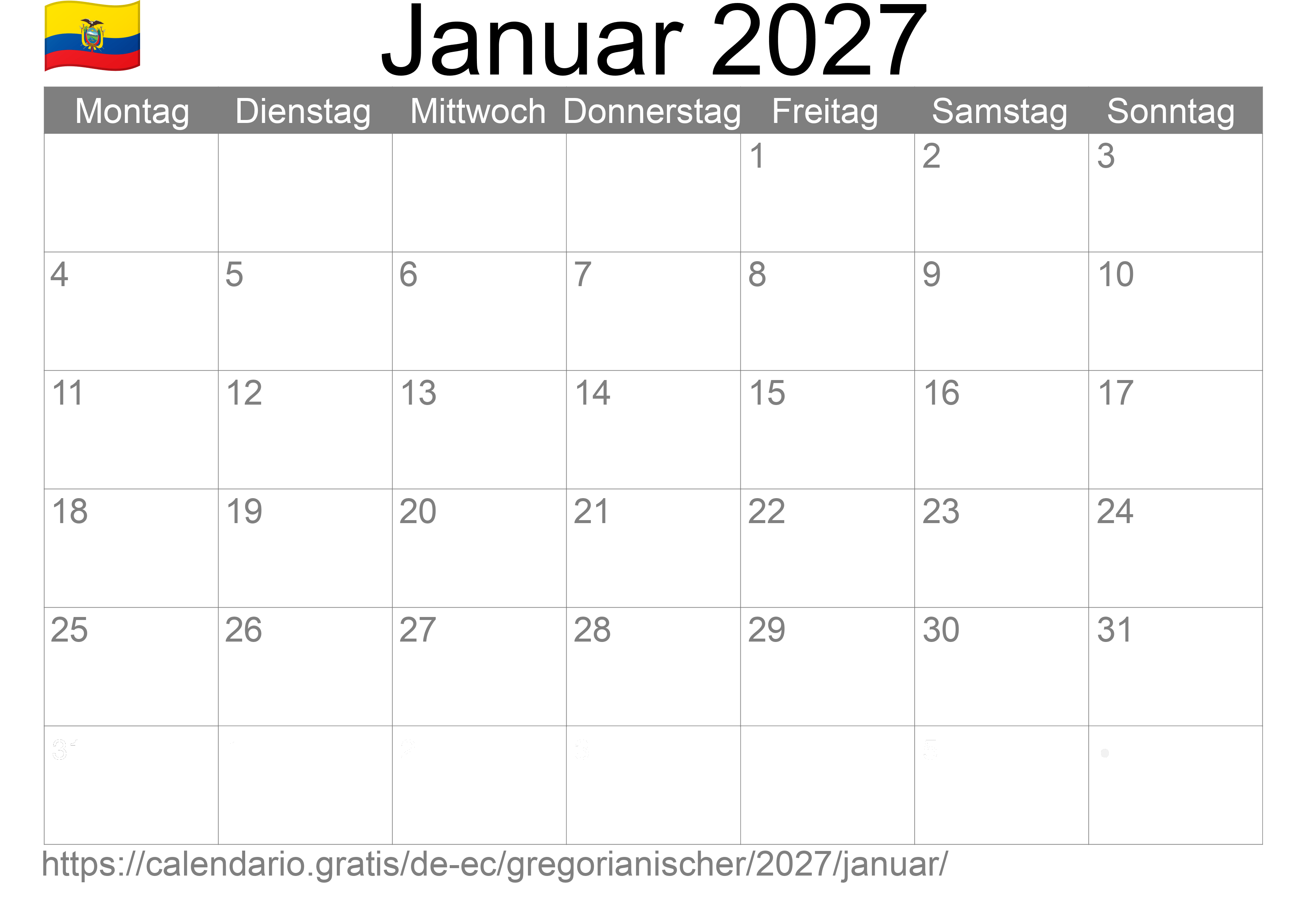 Kalender Januar 2027 zum Ausdrucken