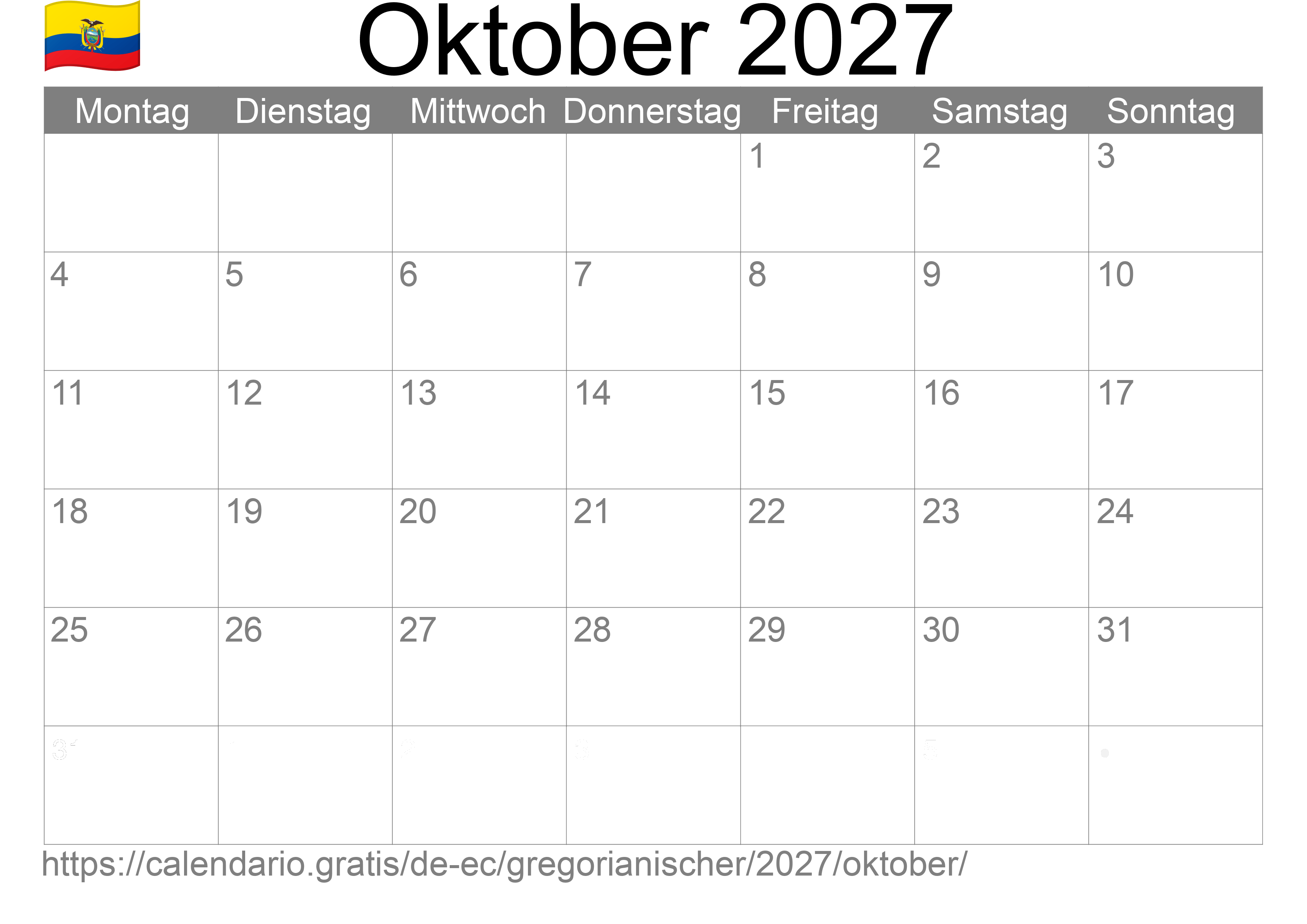 Kalender Oktober 2027 zum Ausdrucken