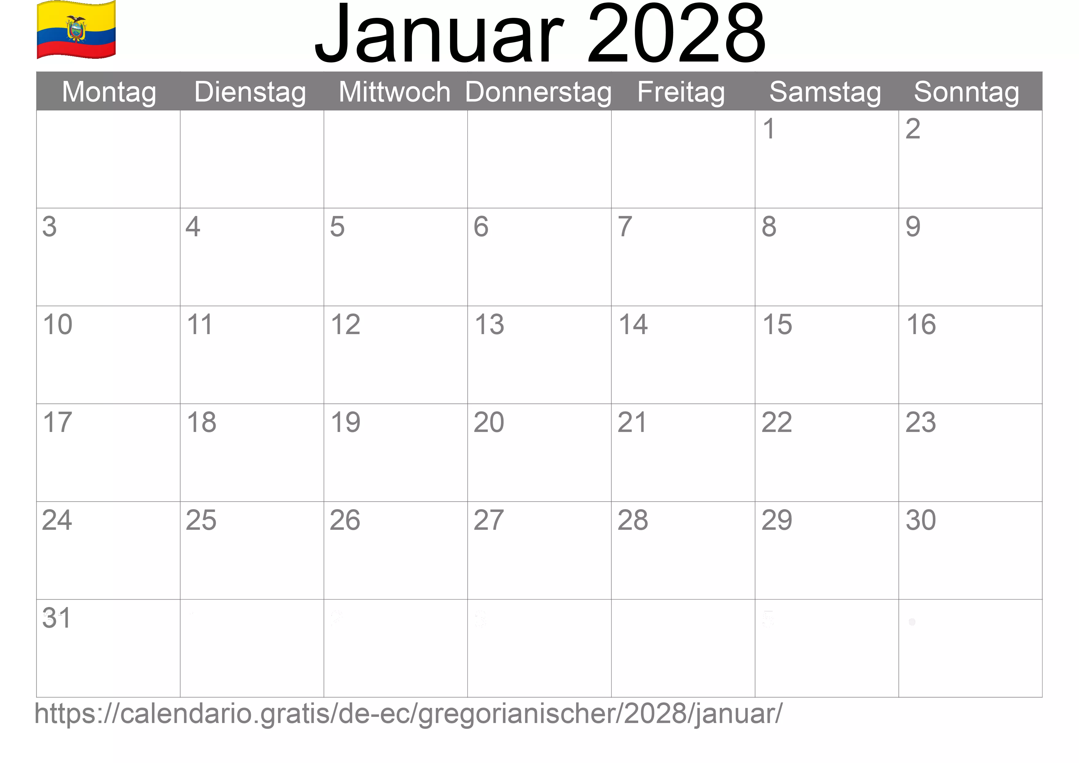 Kalender Januar 2028 zum Ausdrucken (Ecuador)