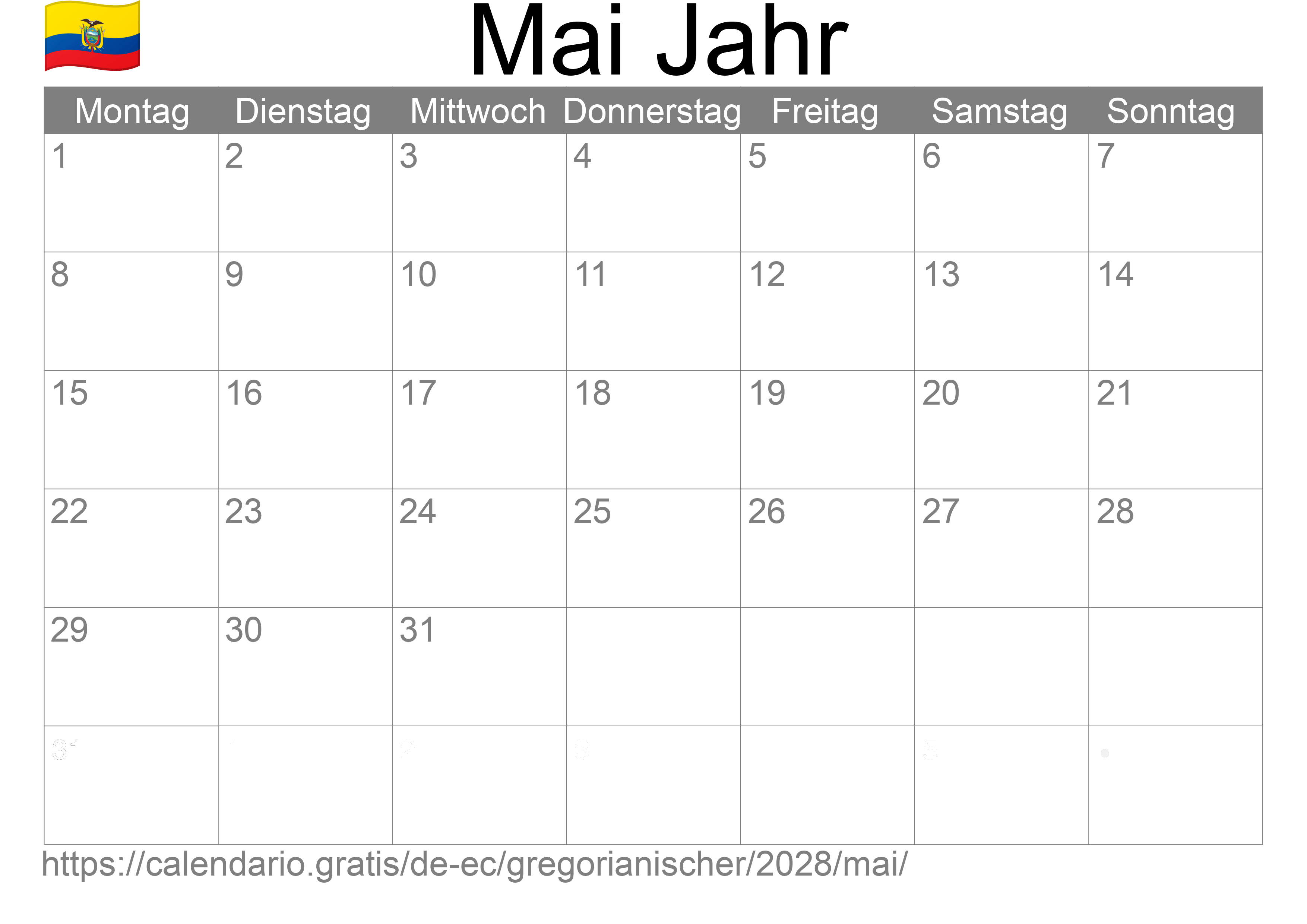 Kalender Mai 2028 zum Ausdrucken