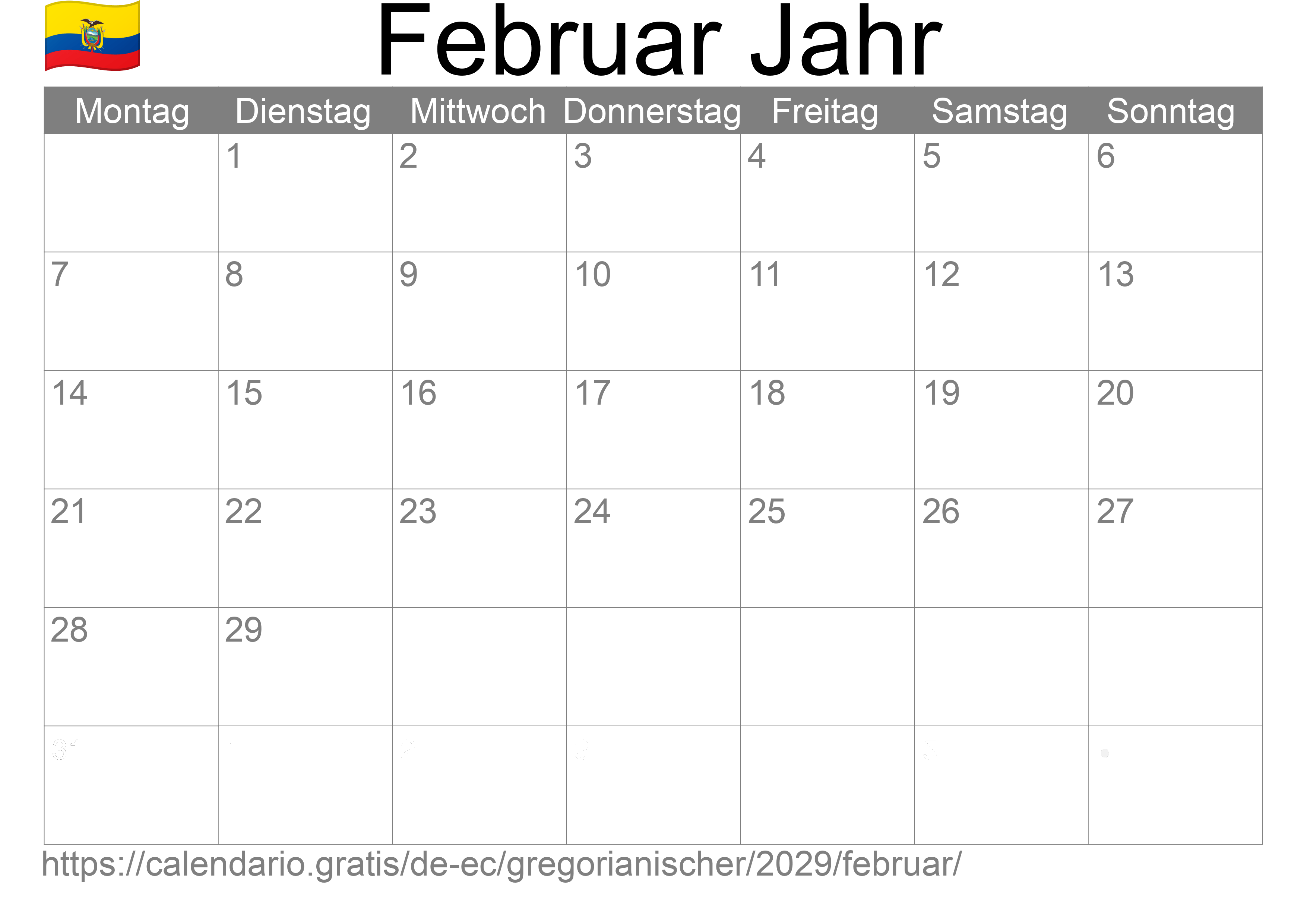 Kalender Februar 2029 zum Ausdrucken