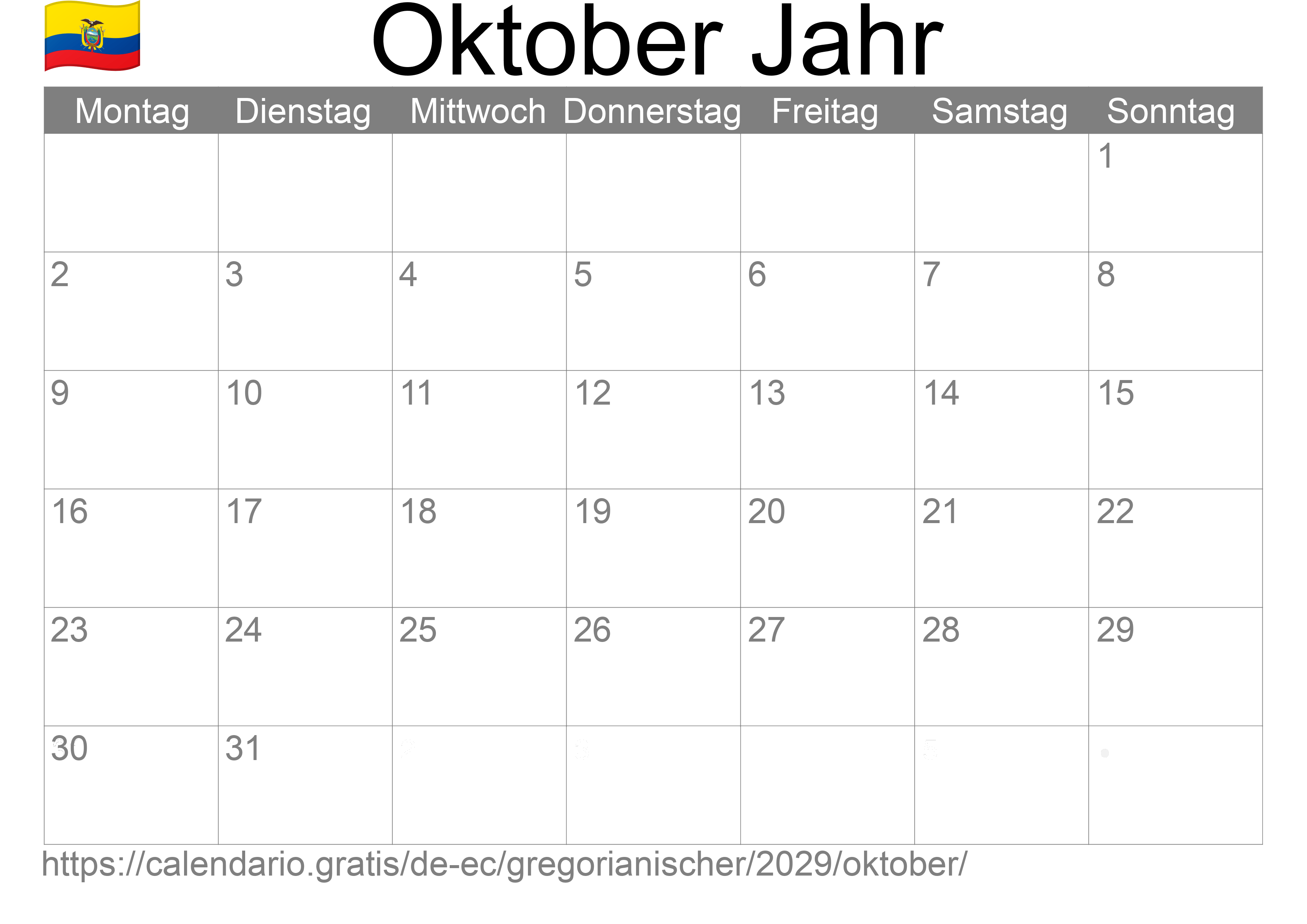 Kalender Oktober 2029 zum Ausdrucken