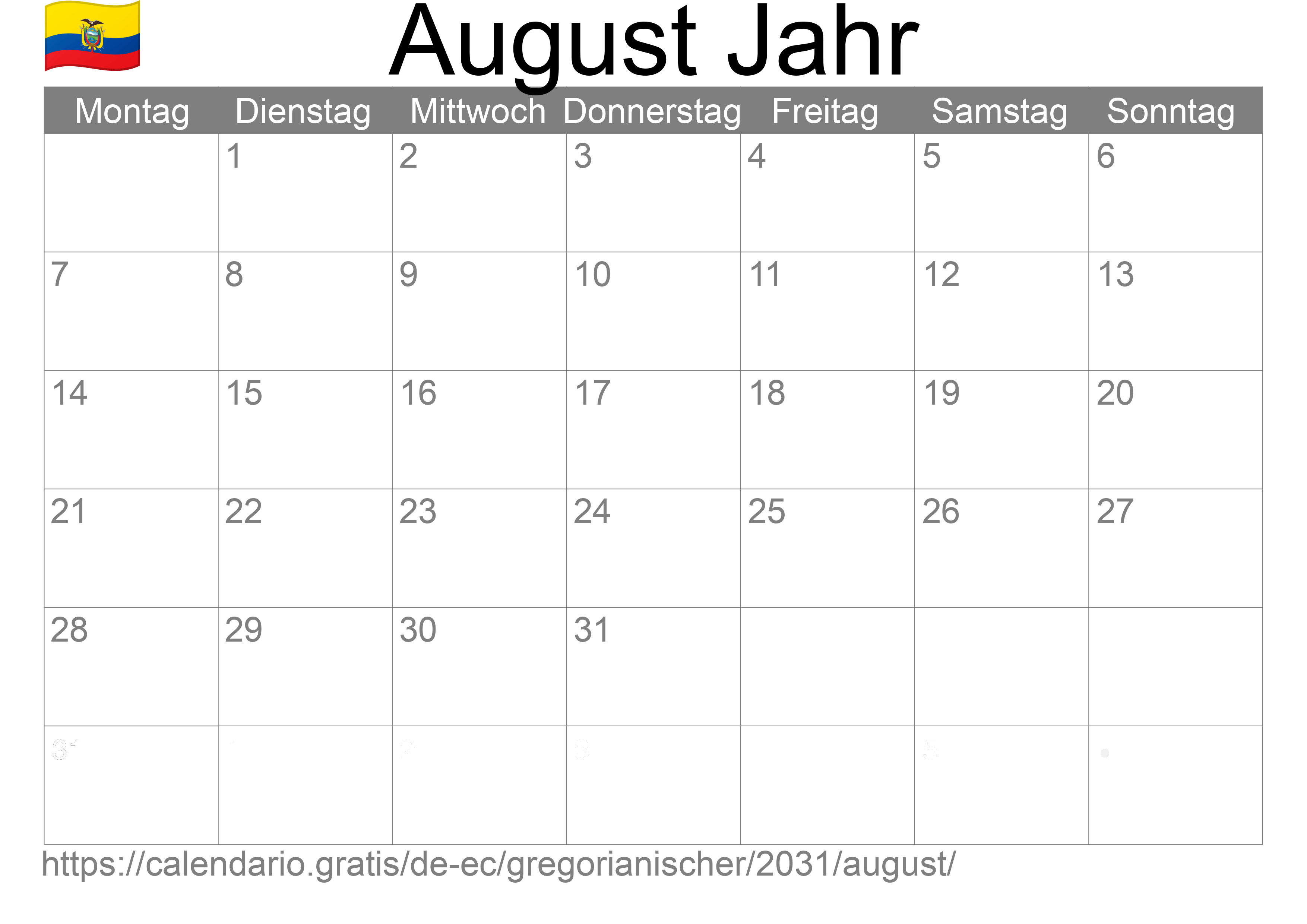 Kalender August 2031 zum Ausdrucken