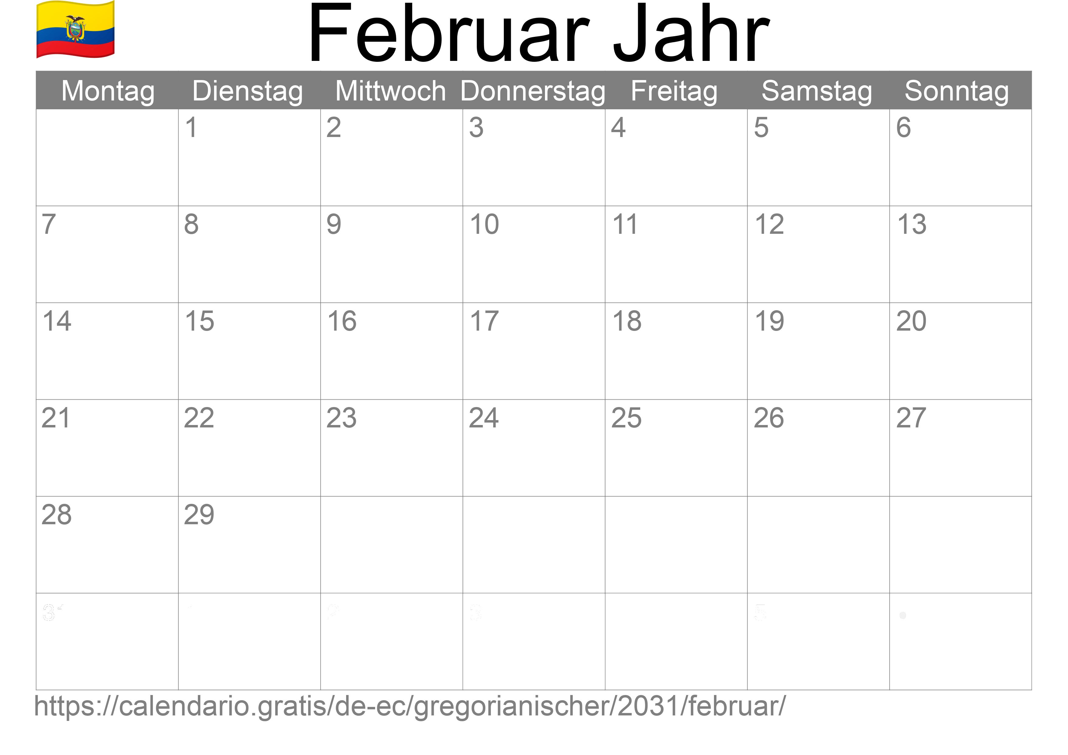 Kalender Februar 2031 zum Ausdrucken