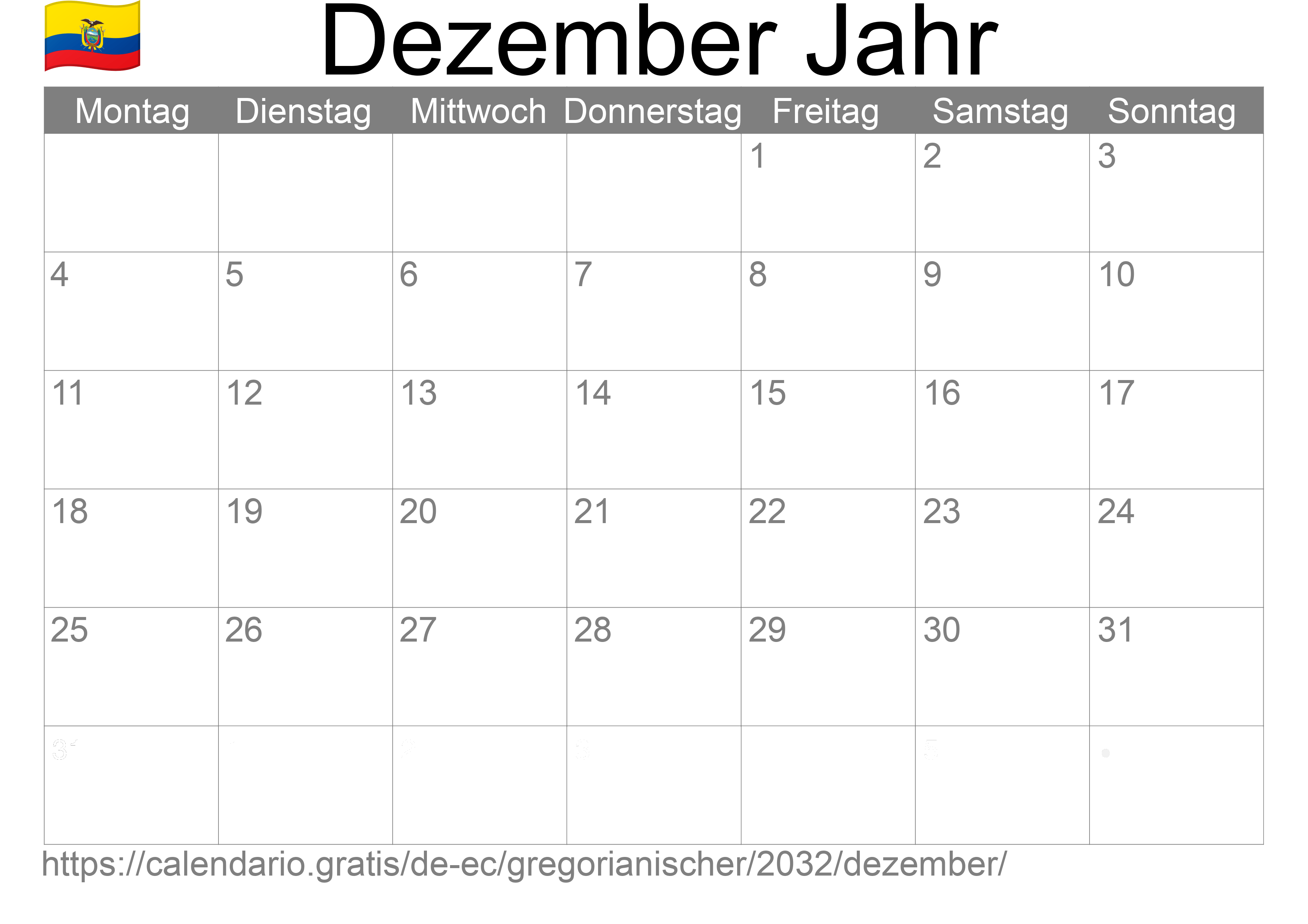 Kalender Dezember 2032 zum Ausdrucken