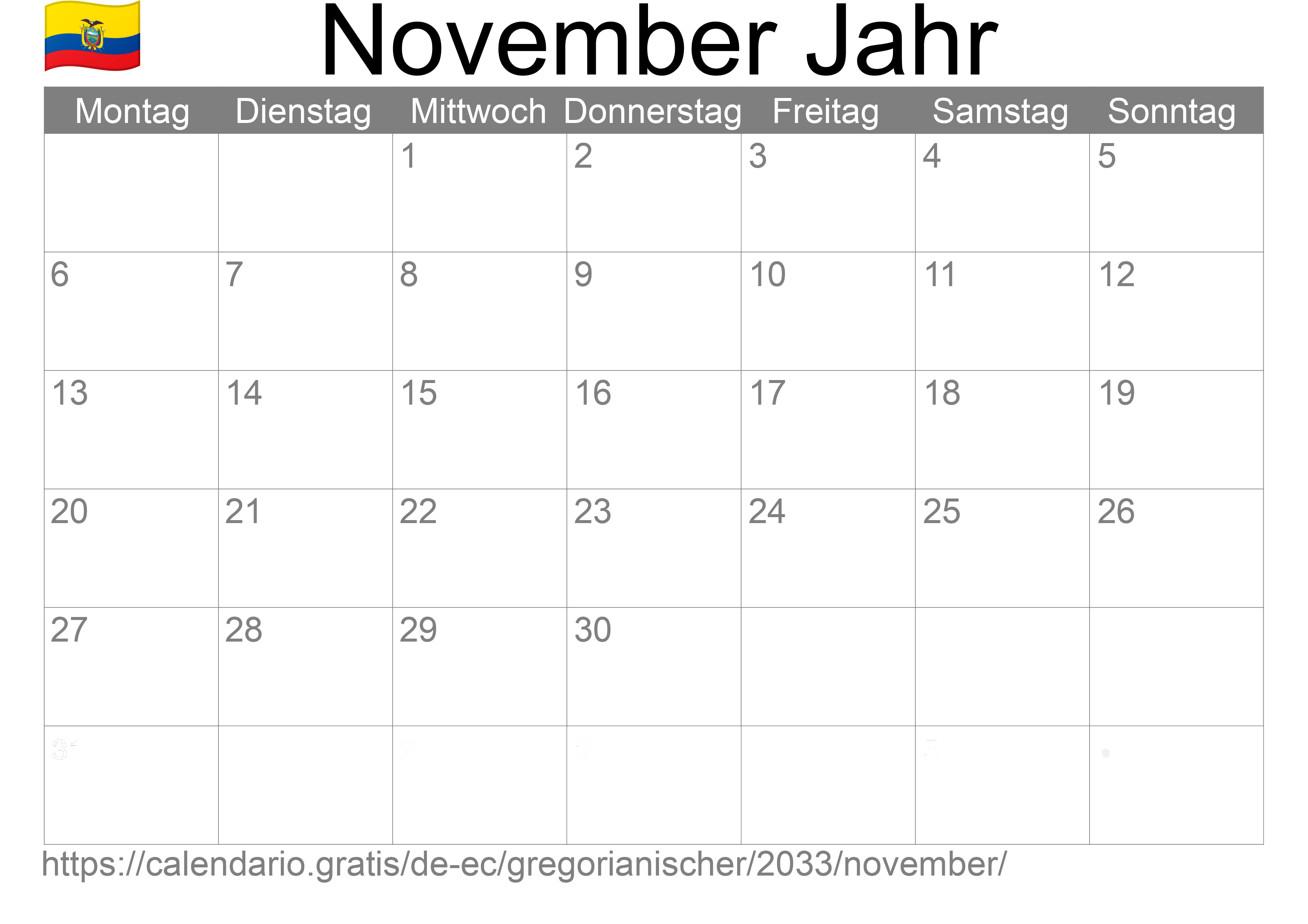 Kalender November 2033 zum Ausdrucken