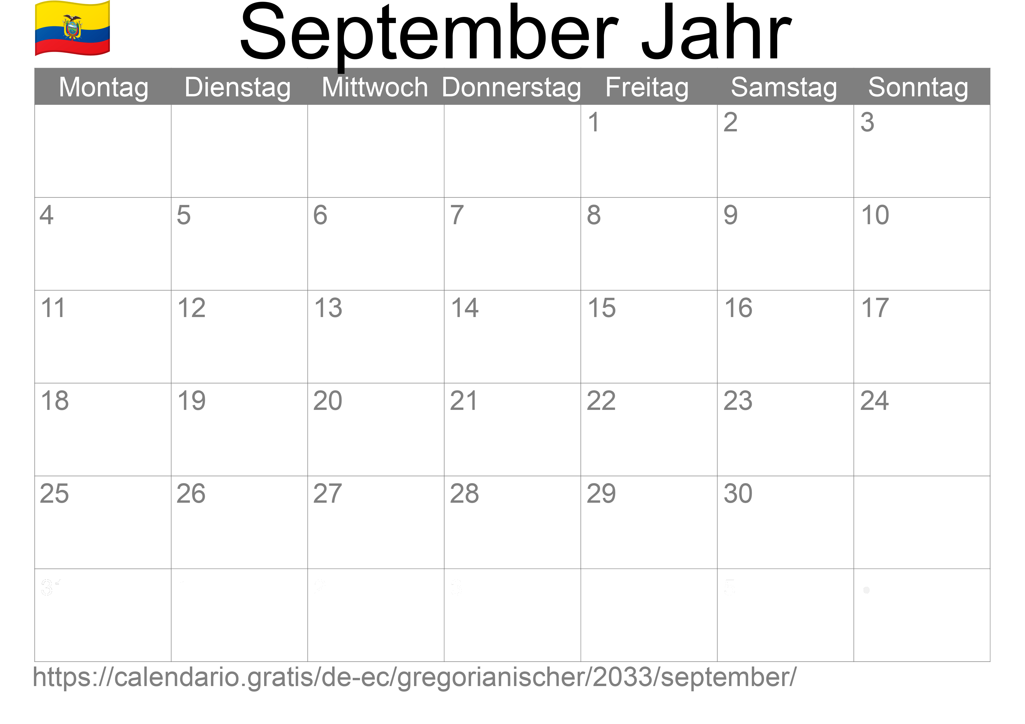 Kalender September 2033 zum Ausdrucken