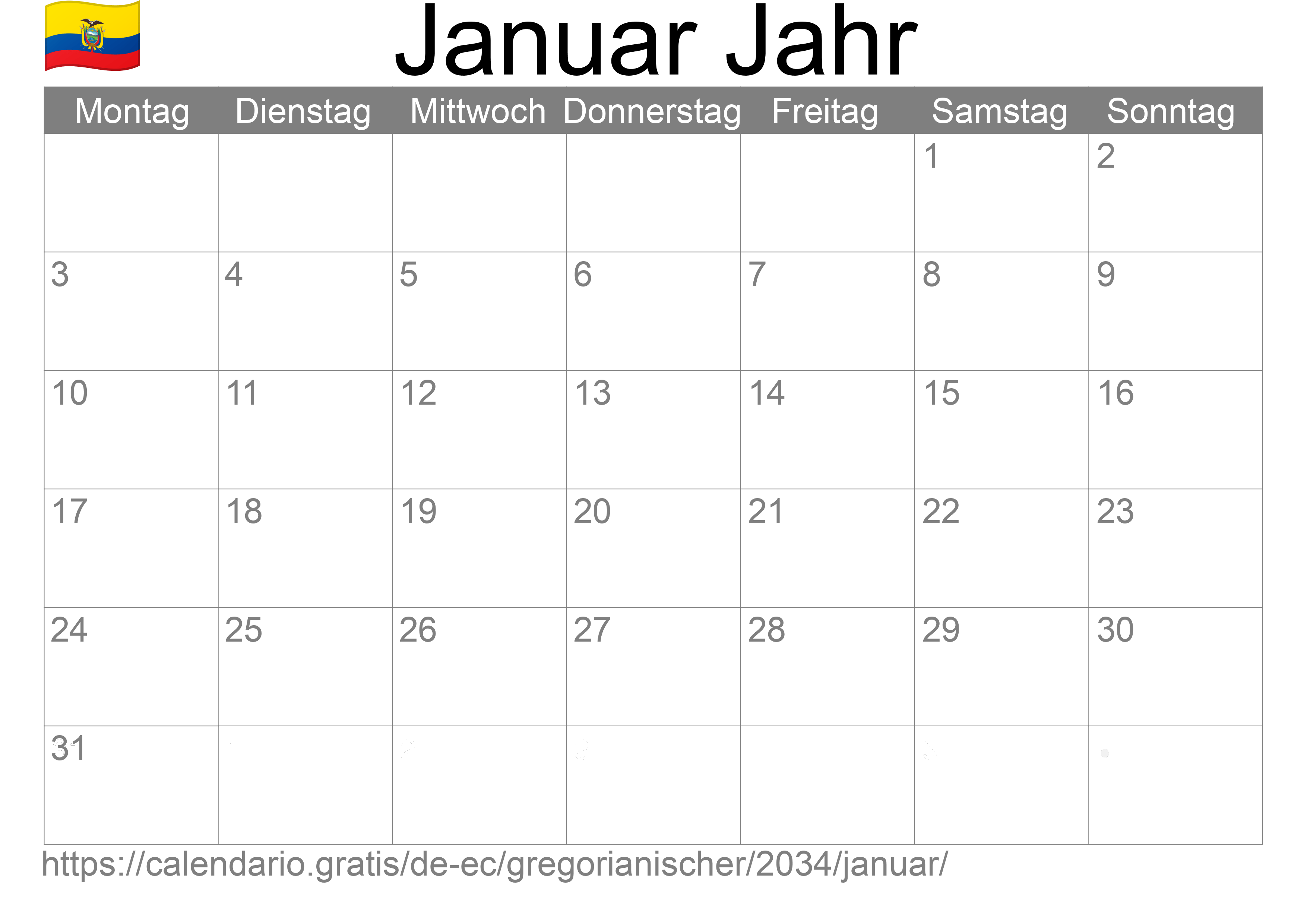 Kalender Januar 2034 zum Ausdrucken