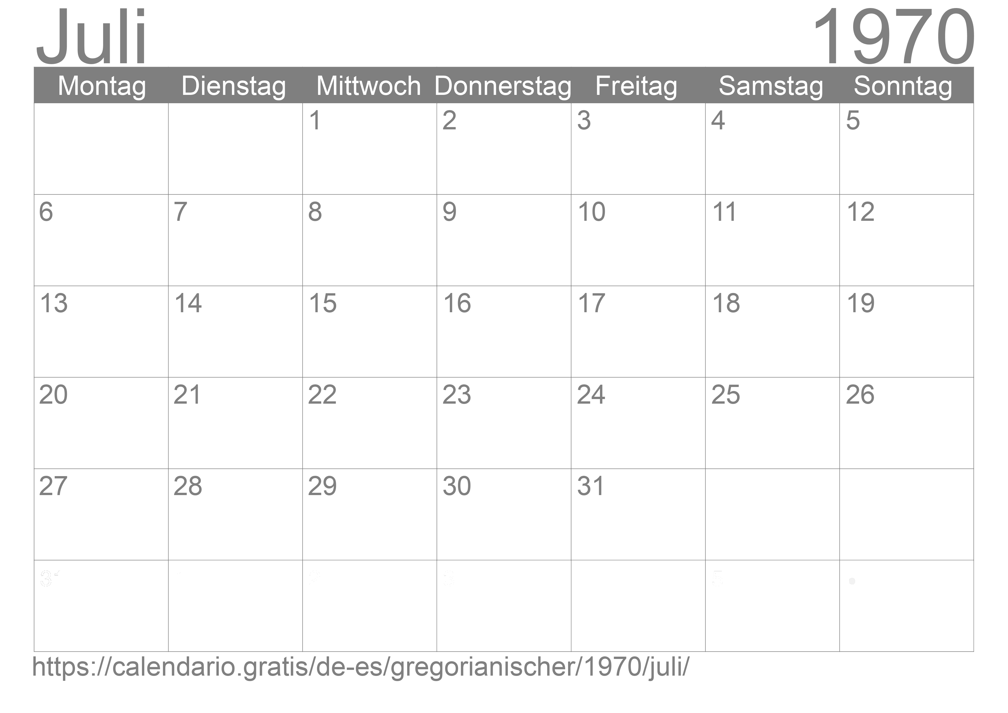 Kalender Juli 1970 zum Ausdrucken