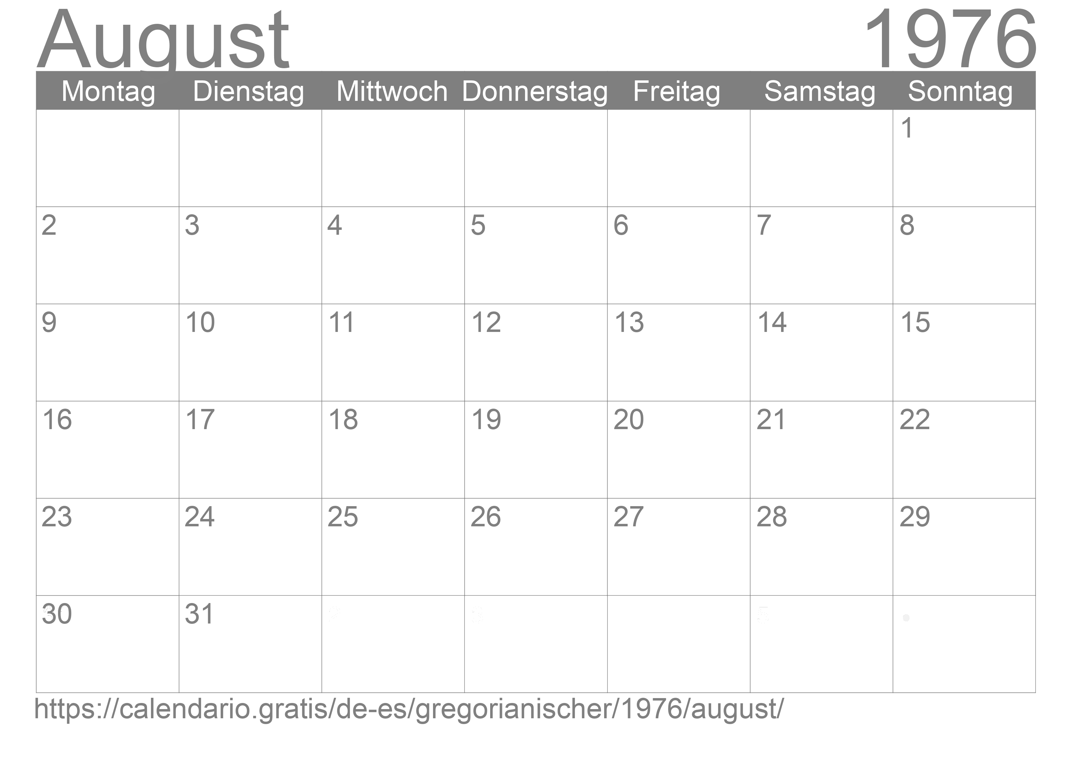 Kalender August 1976 zum Ausdrucken