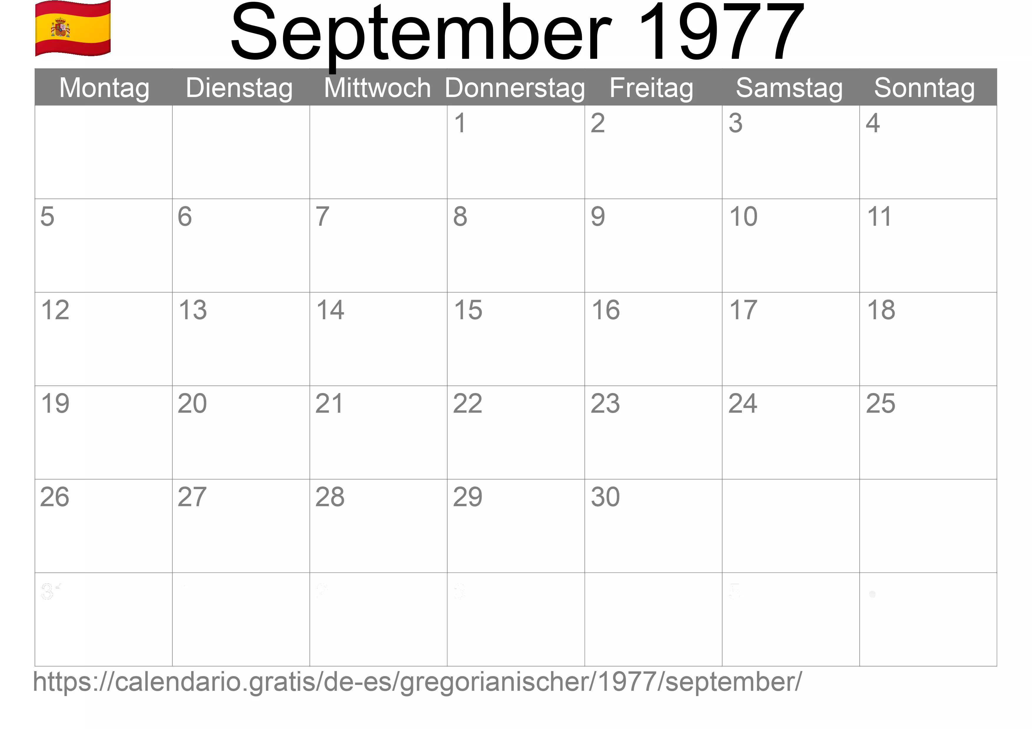 Kalender September 1977 zum Ausdrucken (Spanien)