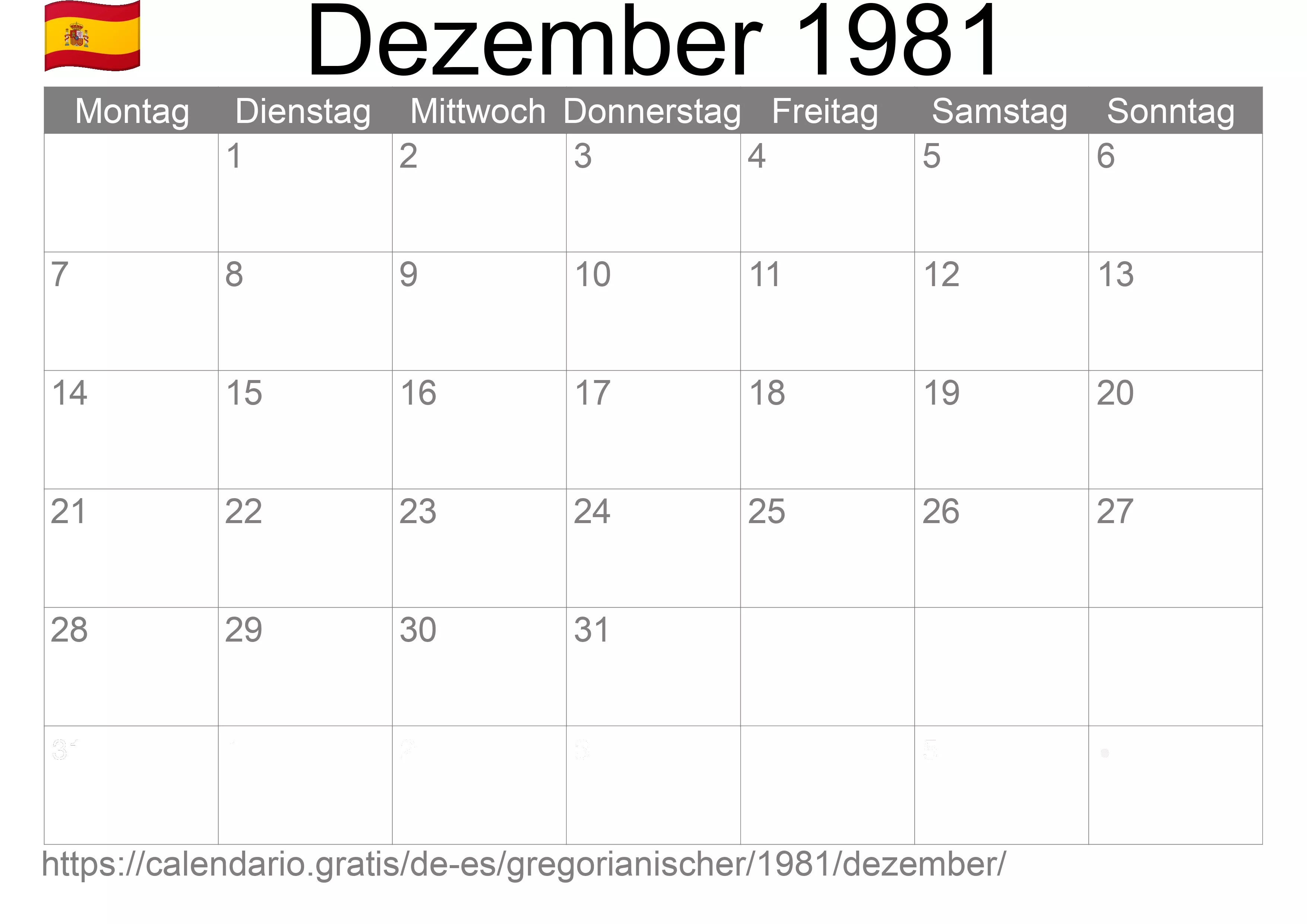 Kalender Dezember 1981 zum Ausdrucken (Spanien)