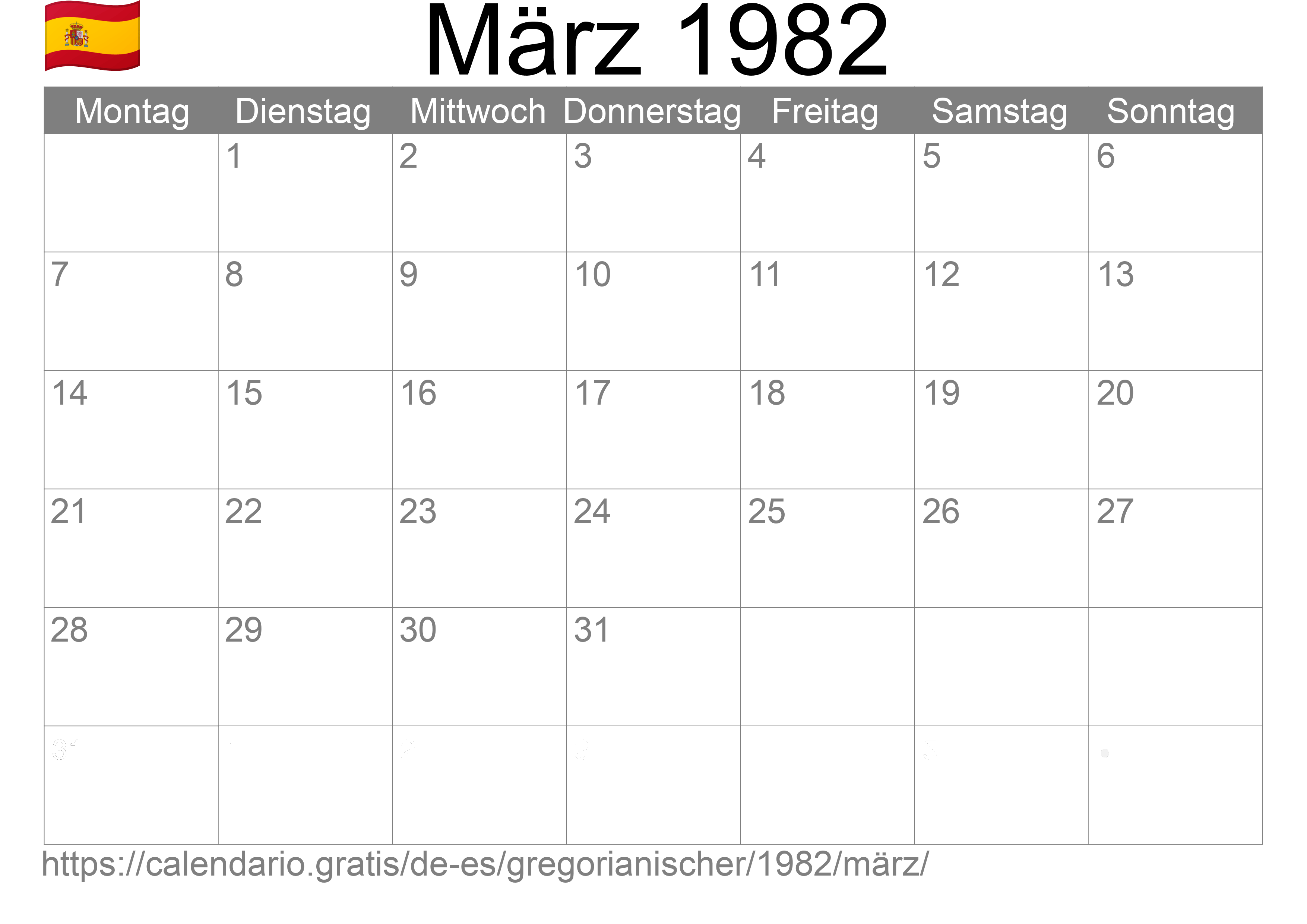 Kalender März 1982 zum Ausdrucken