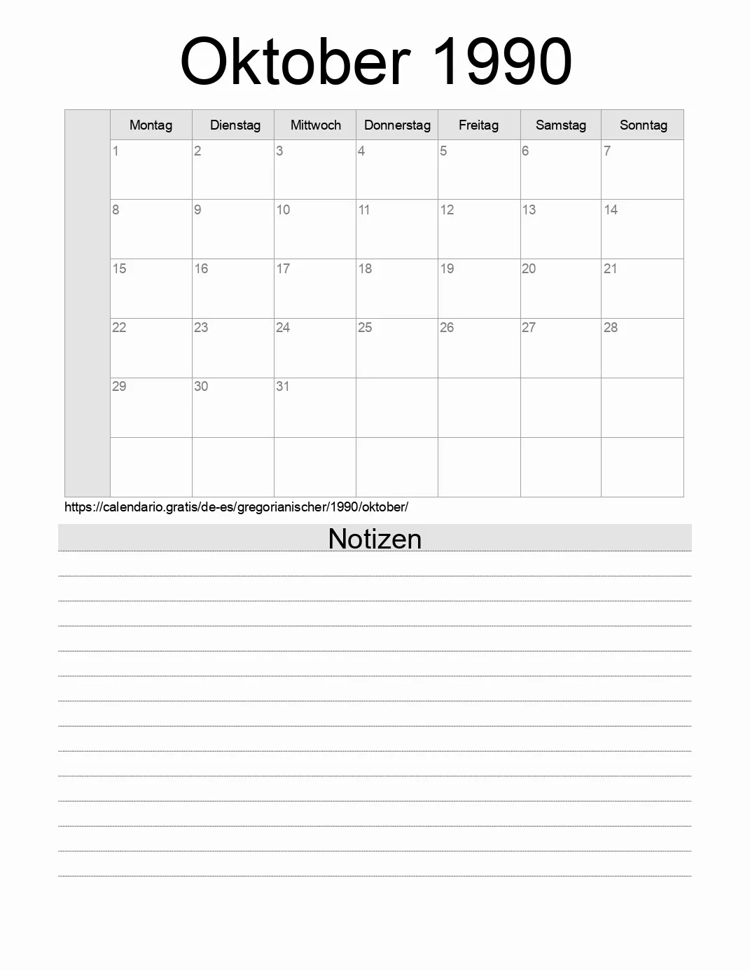 Kalender für Oktober 1990 zum Drucken mit Notizen. (Spanien)