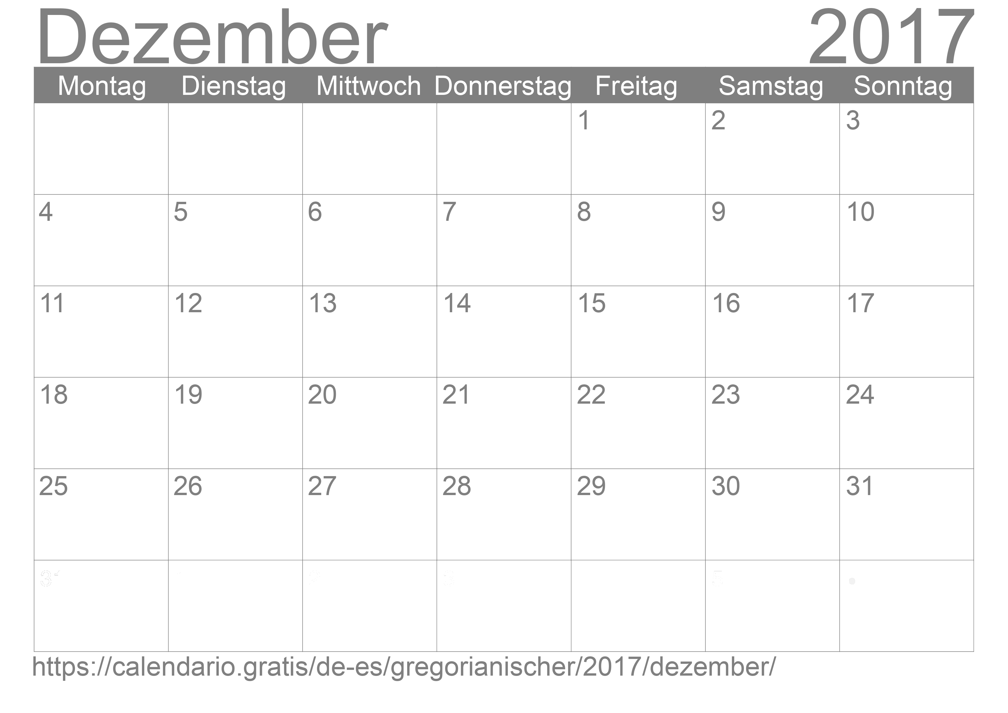 Kalender Dezember 2017 zum Ausdrucken