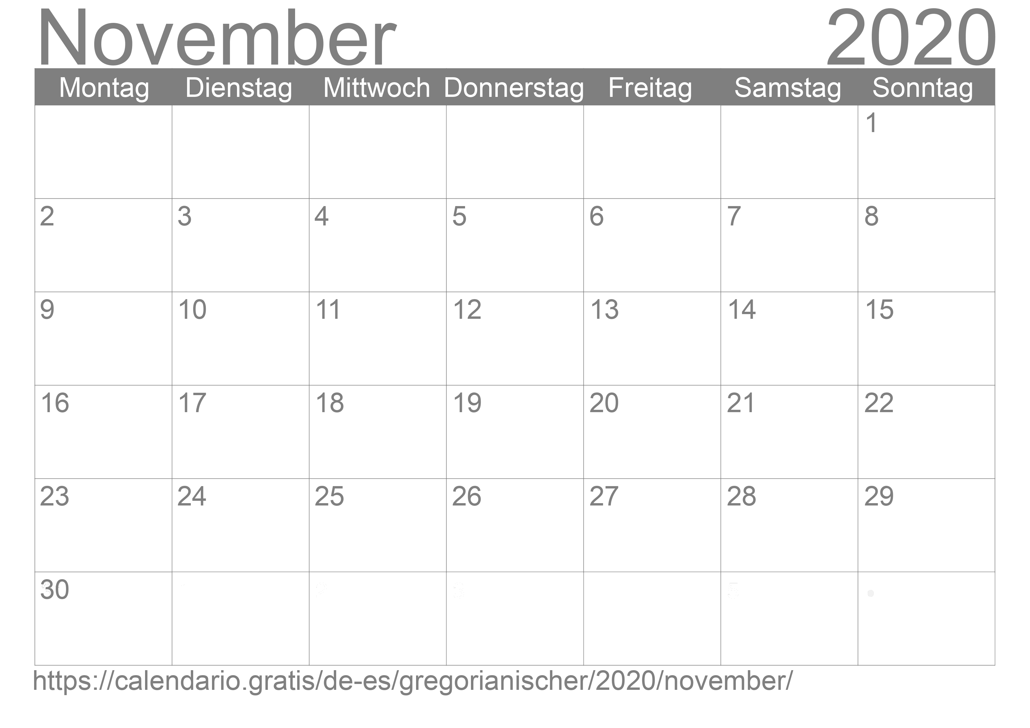Kalender November 2020 zum Ausdrucken