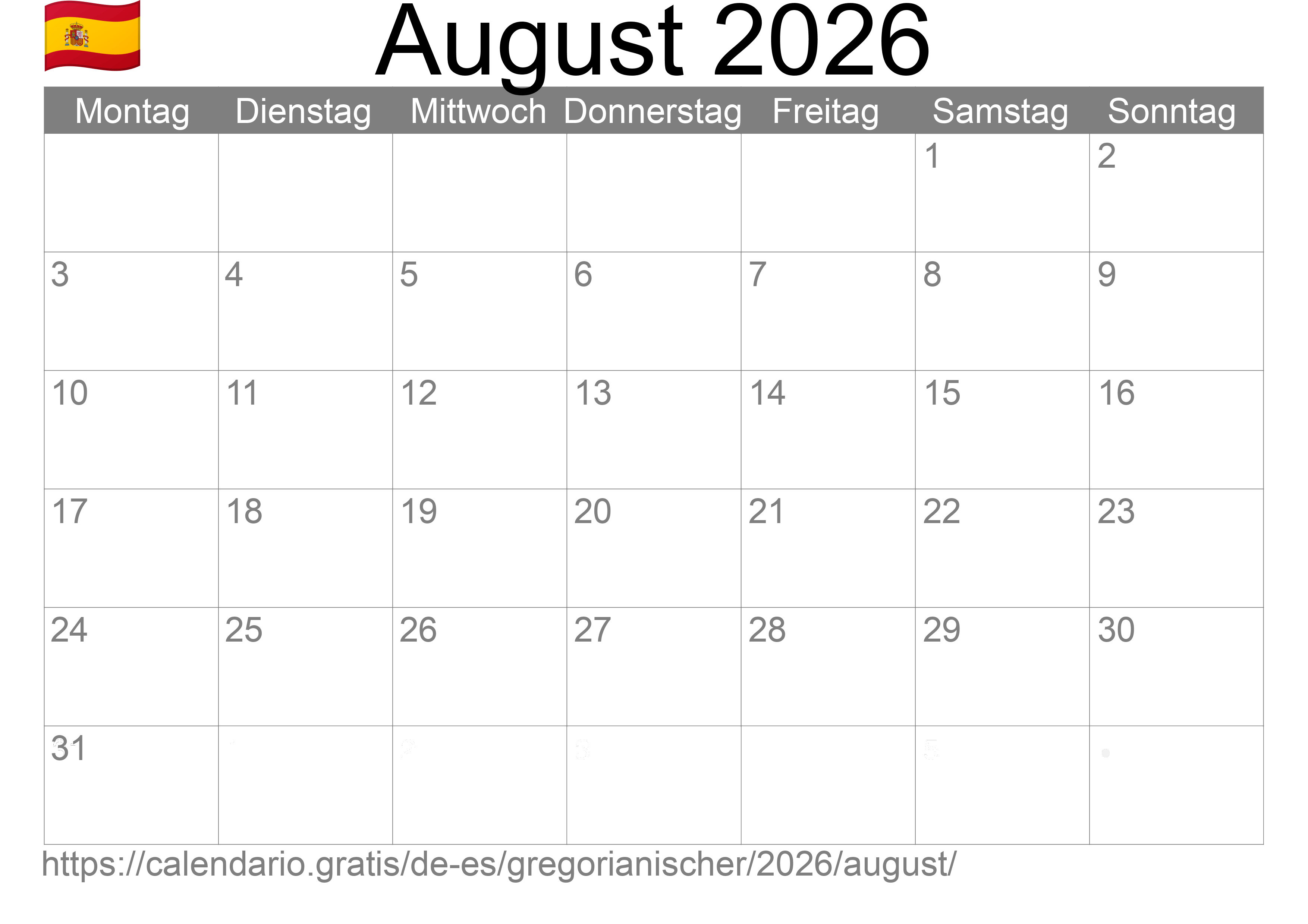 Kalender August 2026 zum Ausdrucken