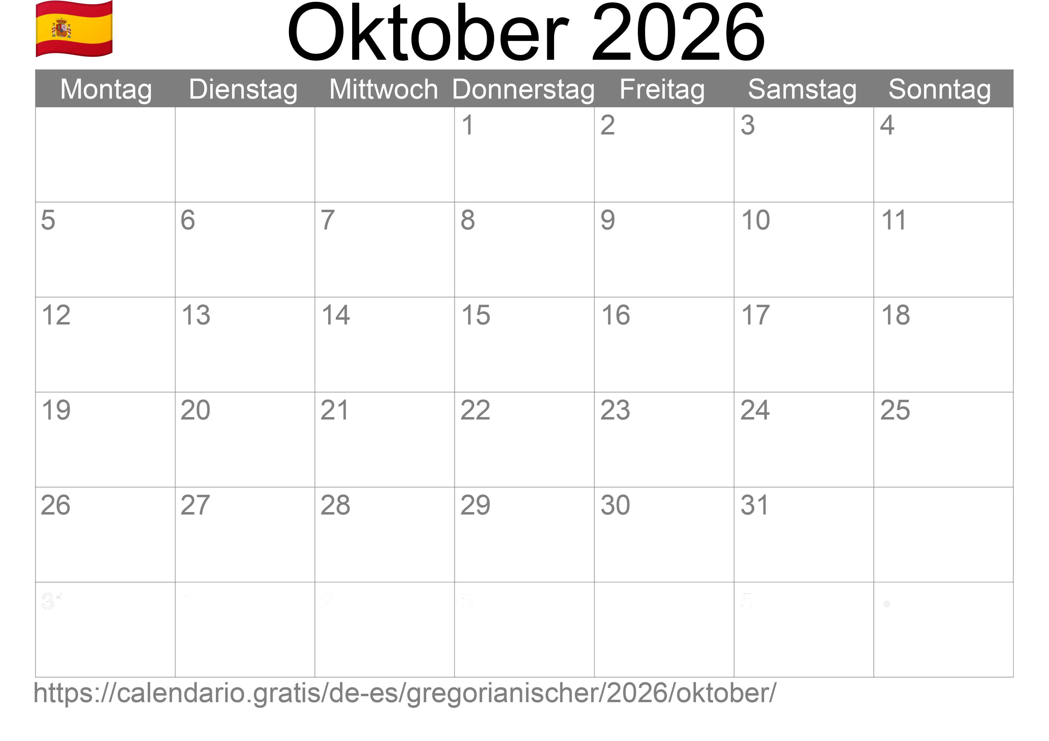 Kalender Oktober 2026 zum Ausdrucken