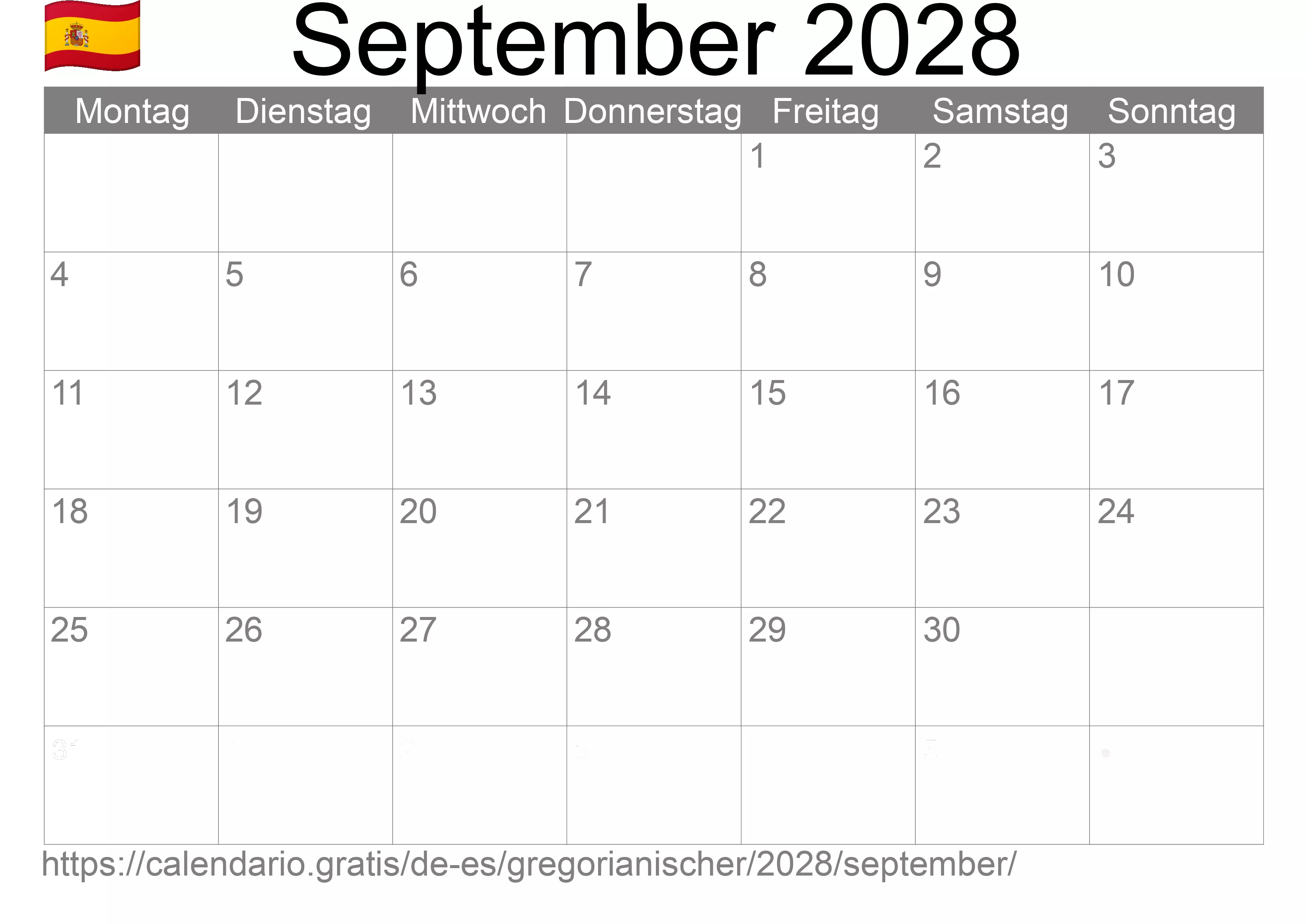 Kalender September 2028 zum Ausdrucken (Spanien)