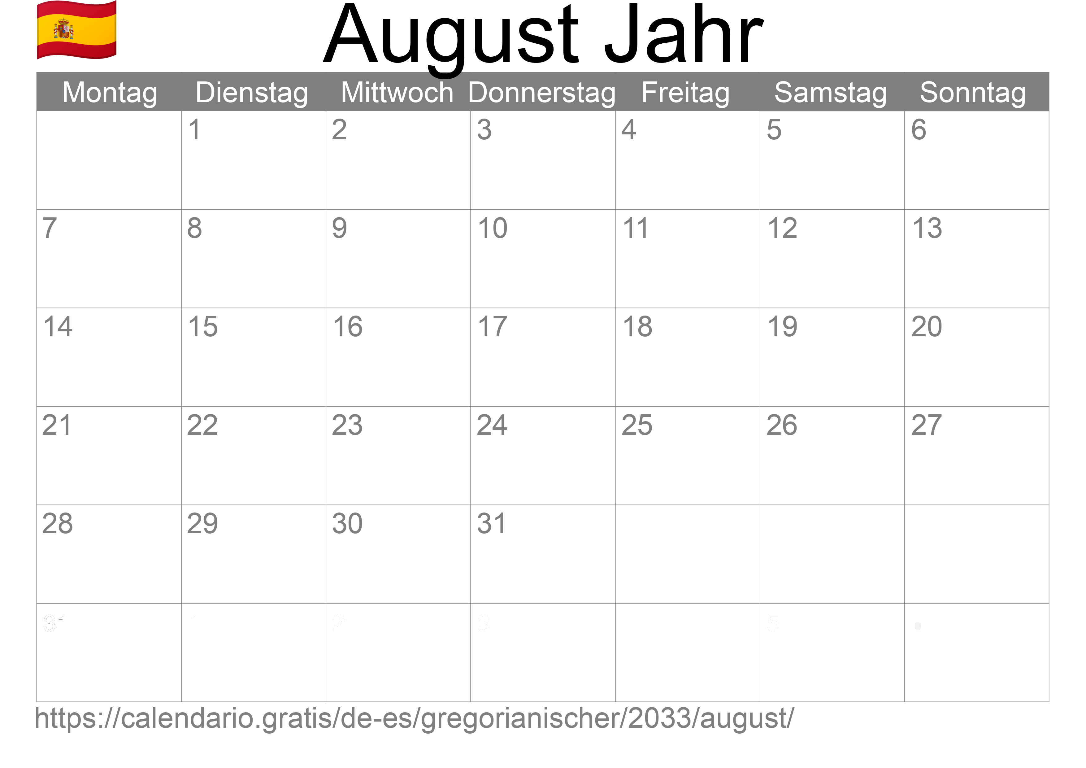 Kalender August 2033 zum Ausdrucken