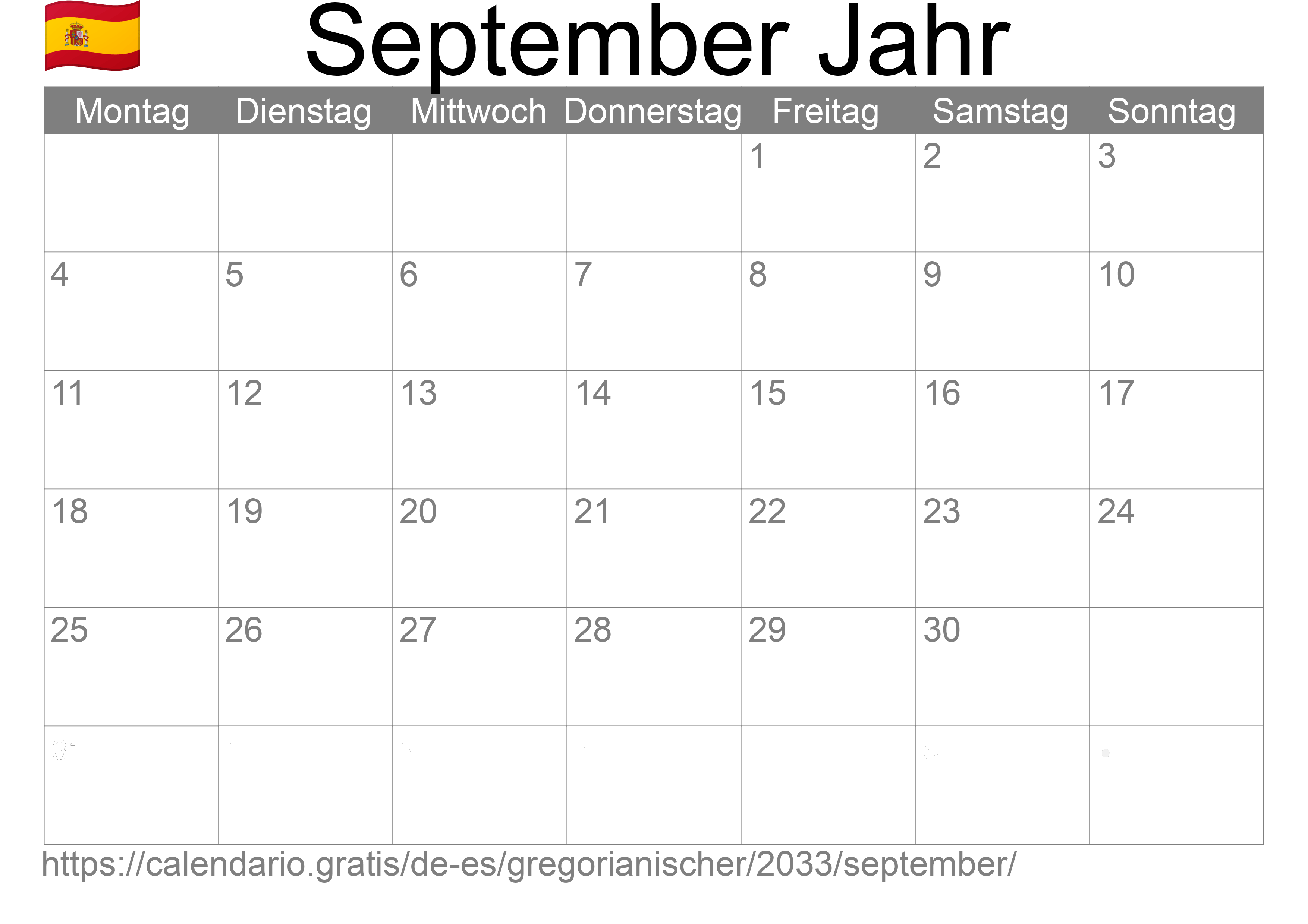 Kalender September 2033 zum Ausdrucken