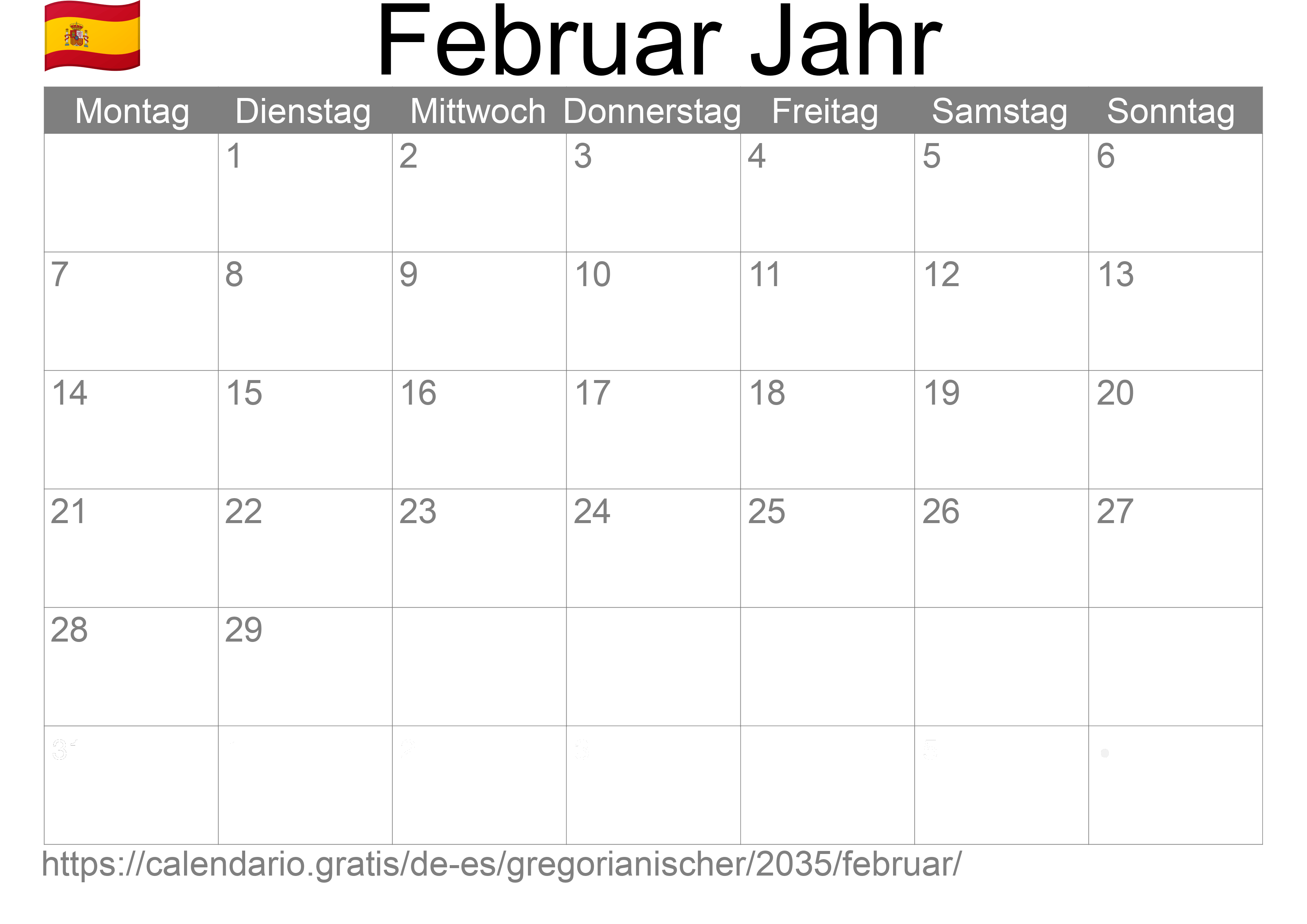 Kalender Februar 2035 zum Ausdrucken