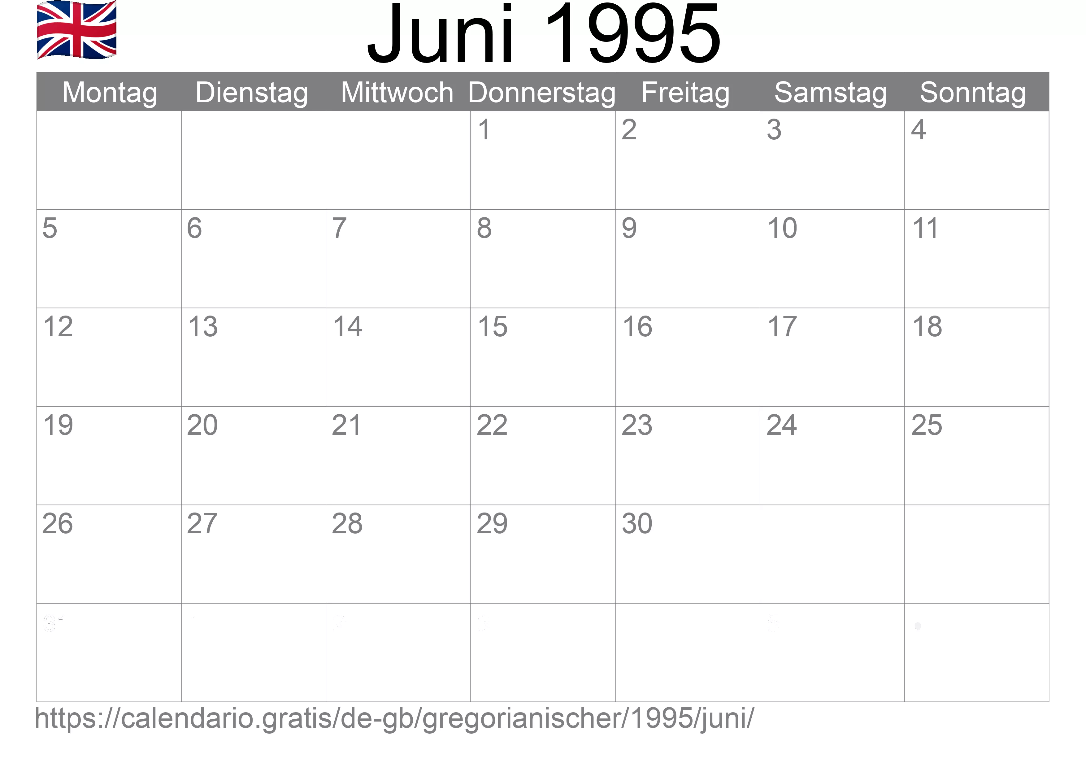Kalender Juni 1995 zum Ausdrucken (Vereinigtes Königreich)