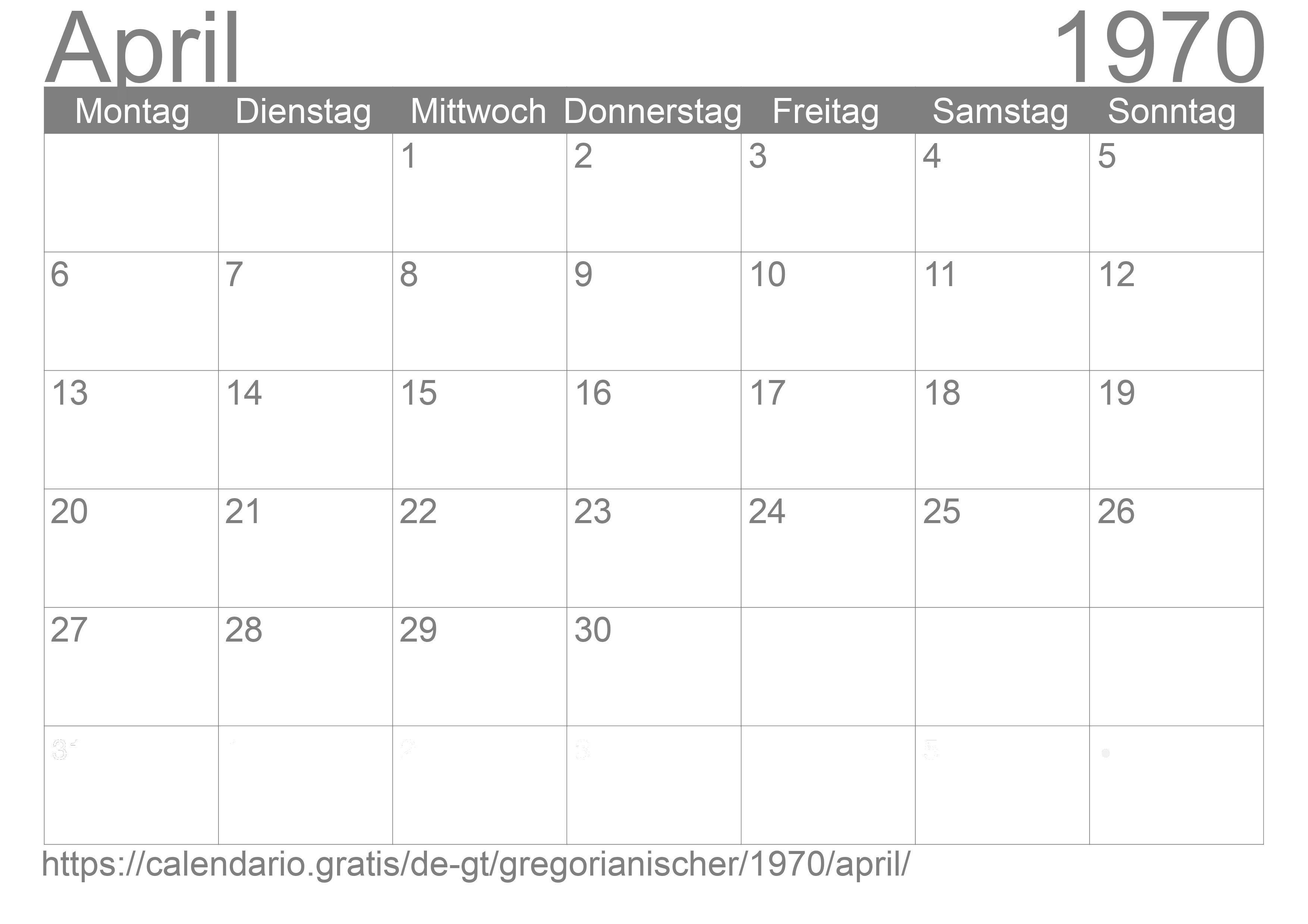 Kalender April 1970 zum Ausdrucken