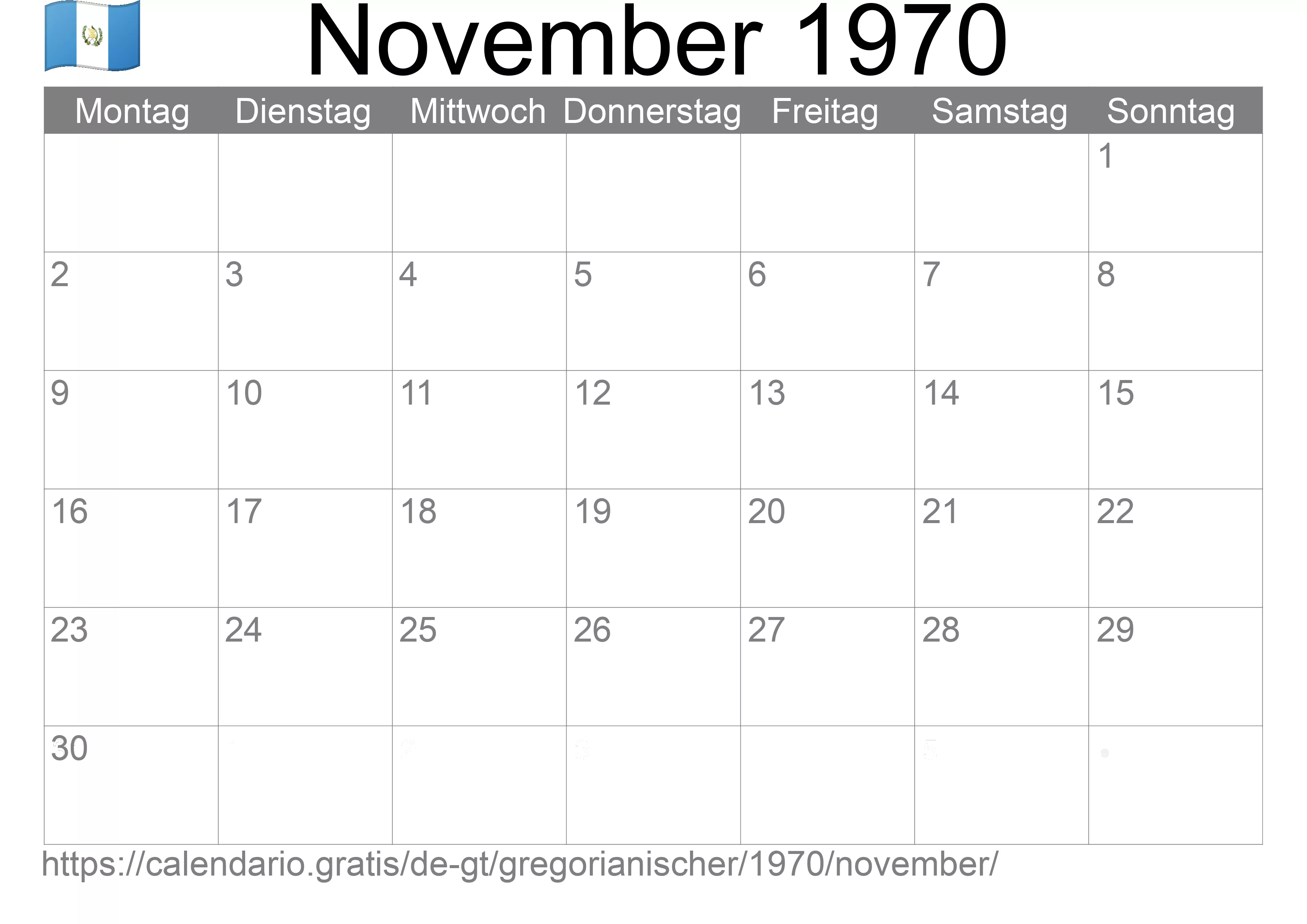 Kalender November 1970 zum Ausdrucken (Guatemala)