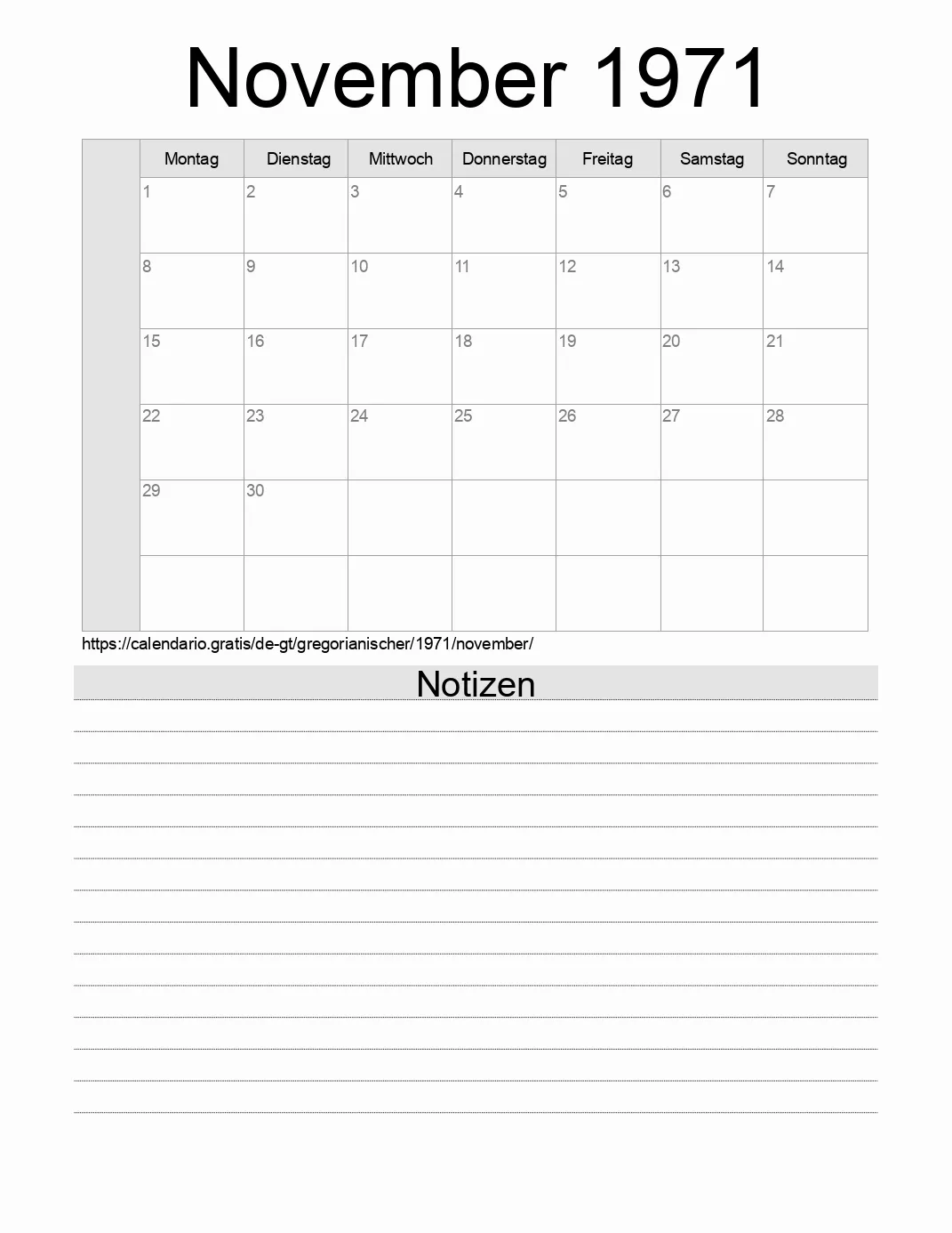 Kalender für November 1971 zum Drucken mit Notizen. (Guatemala)