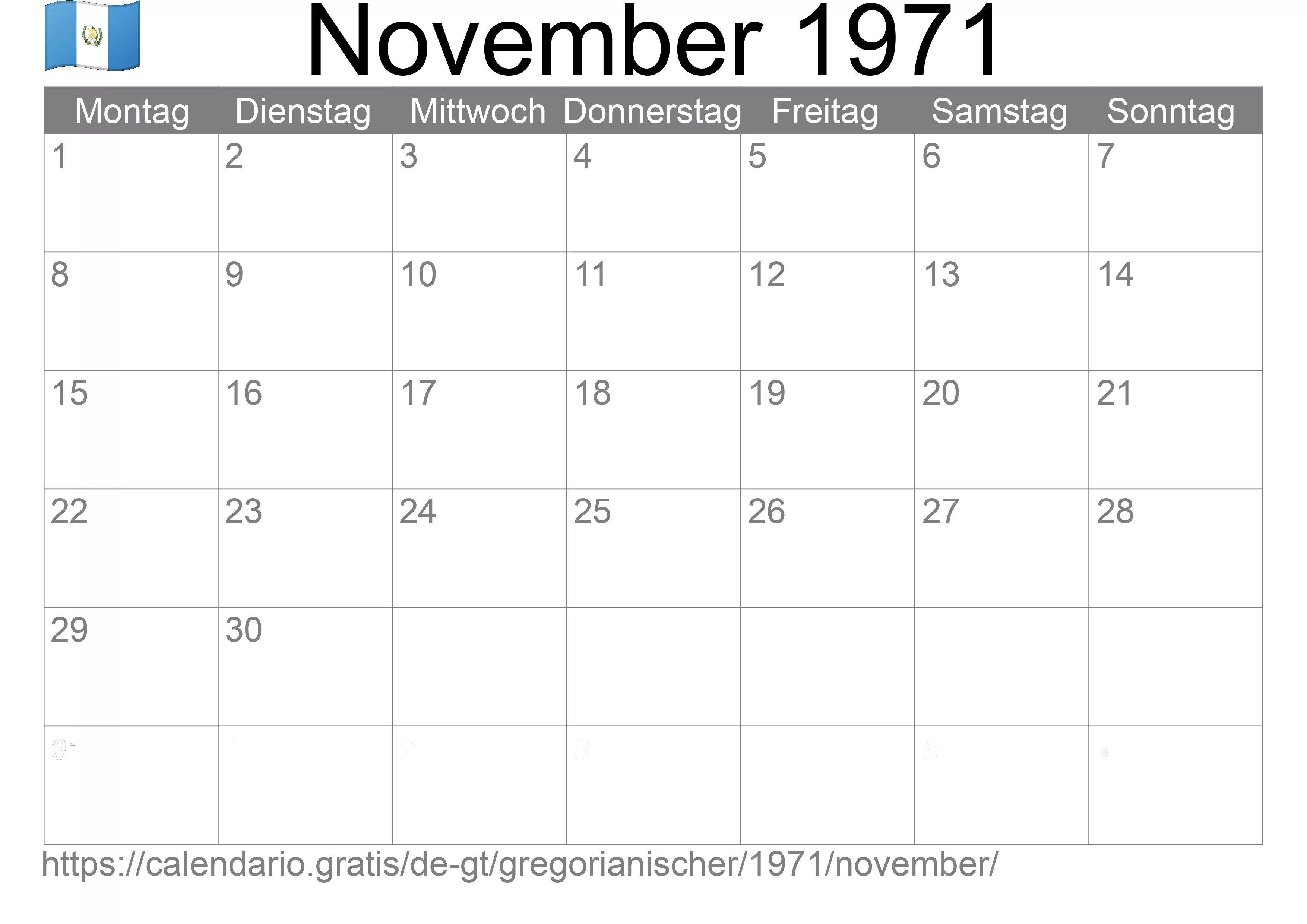 Kalender November 1971 zum Ausdrucken (Guatemala)