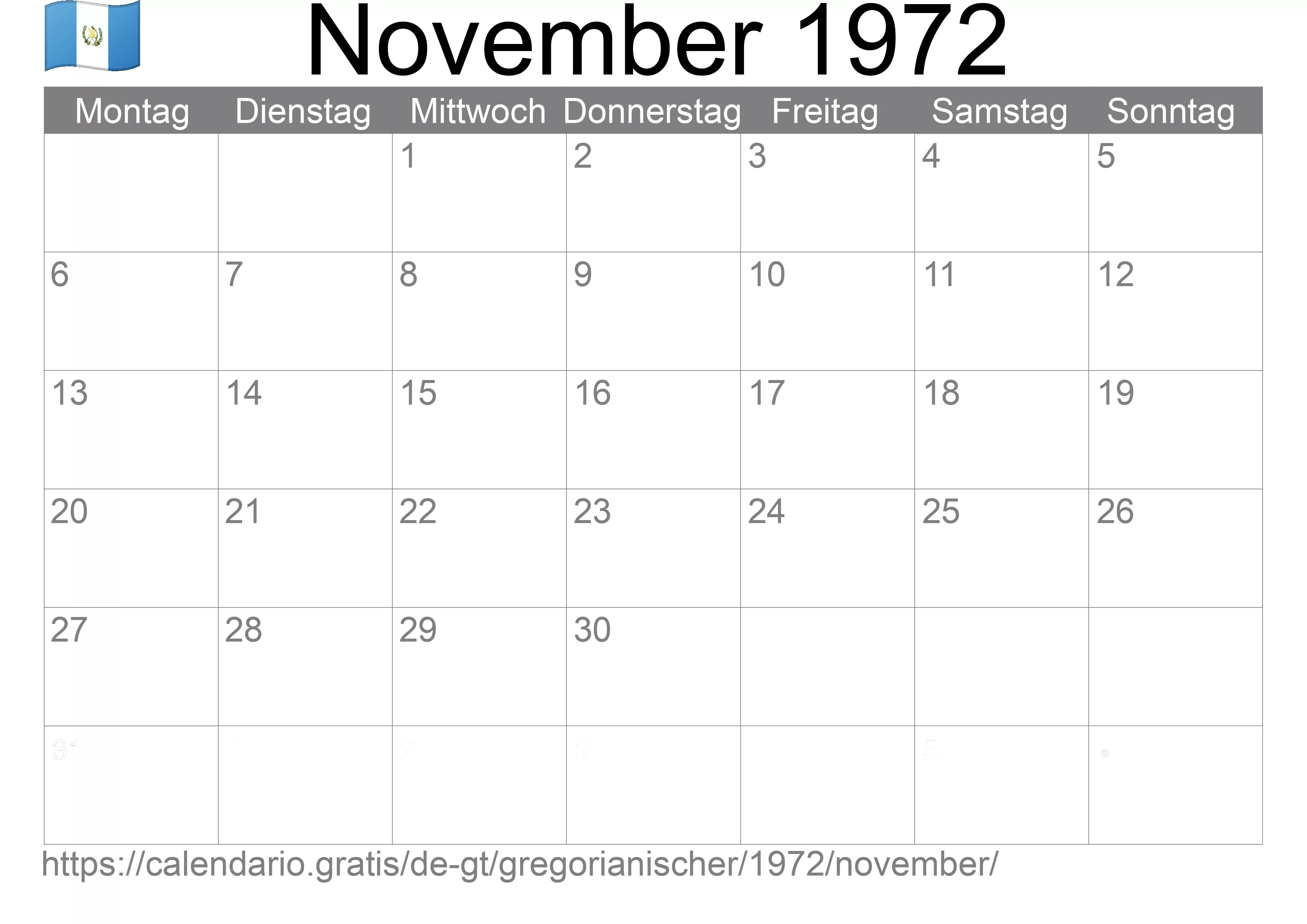 Kalender November 1972 zum Ausdrucken (Guatemala)