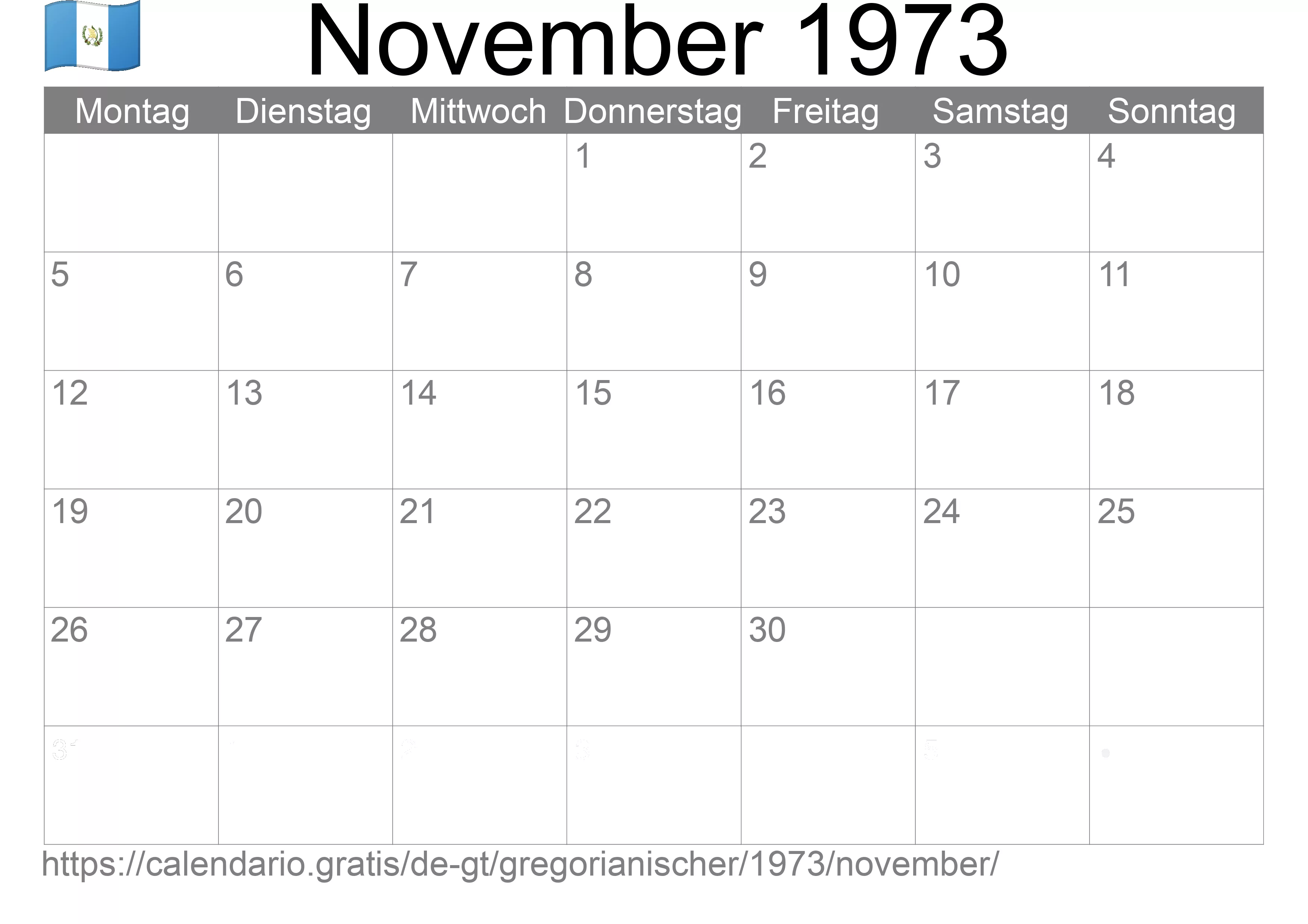 Kalender November 1973 zum Ausdrucken (Guatemala)