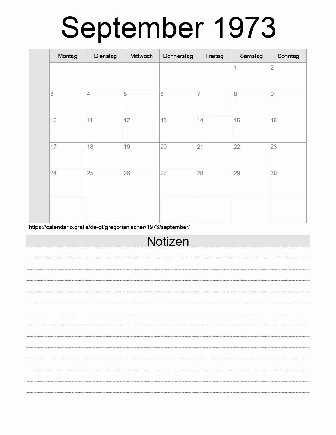 Kalender für September 1973 zum Drucken mit Notizen. (Guatemala)