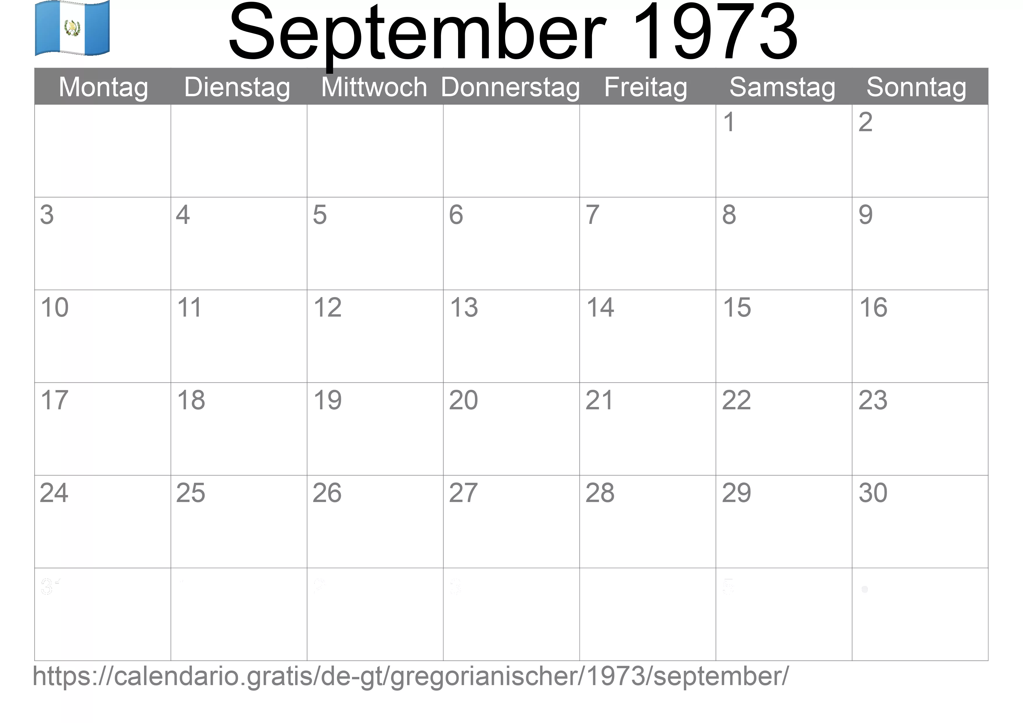 Kalender September 1973 zum Ausdrucken (Guatemala)
