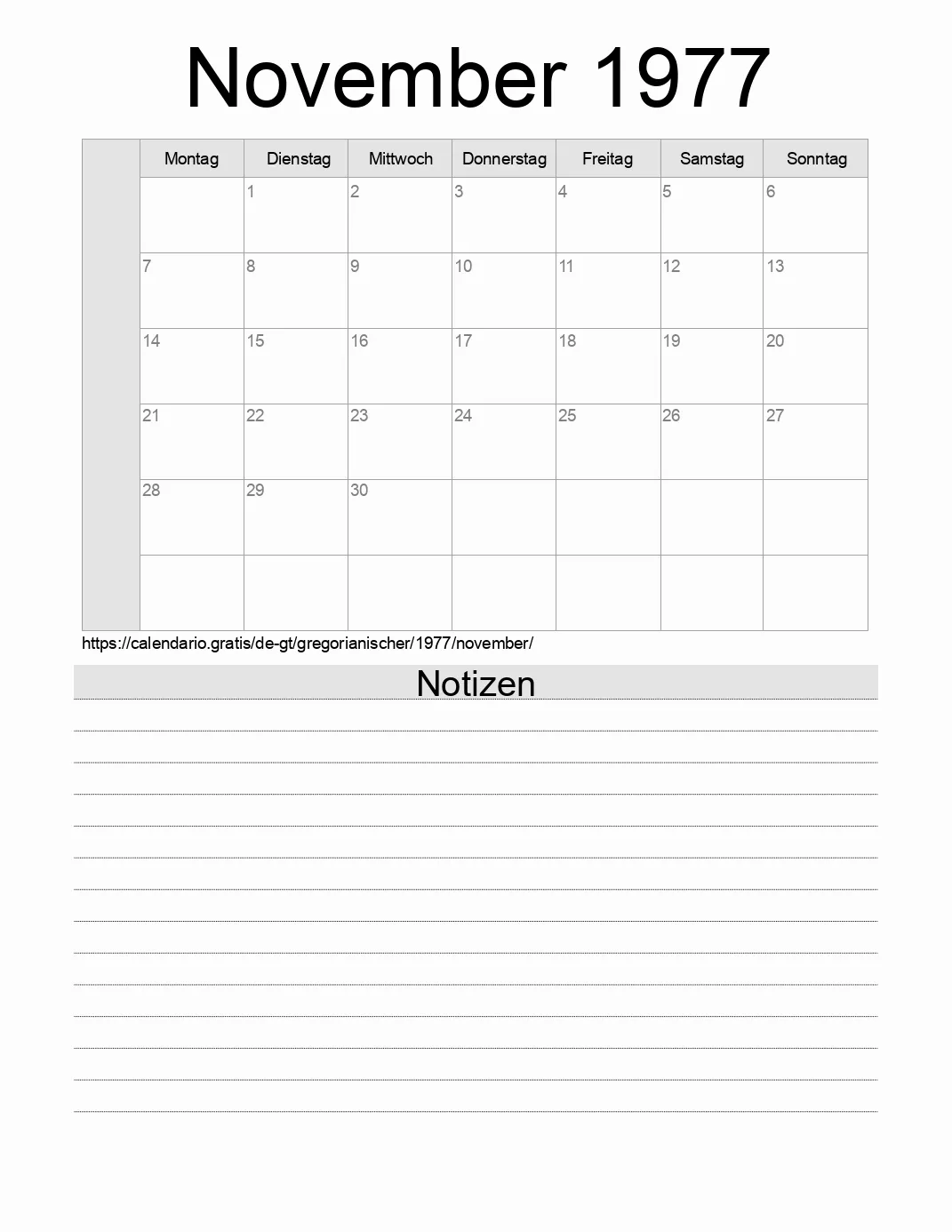 Kalender für November 1977 zum Drucken mit Notizen. (Guatemala)