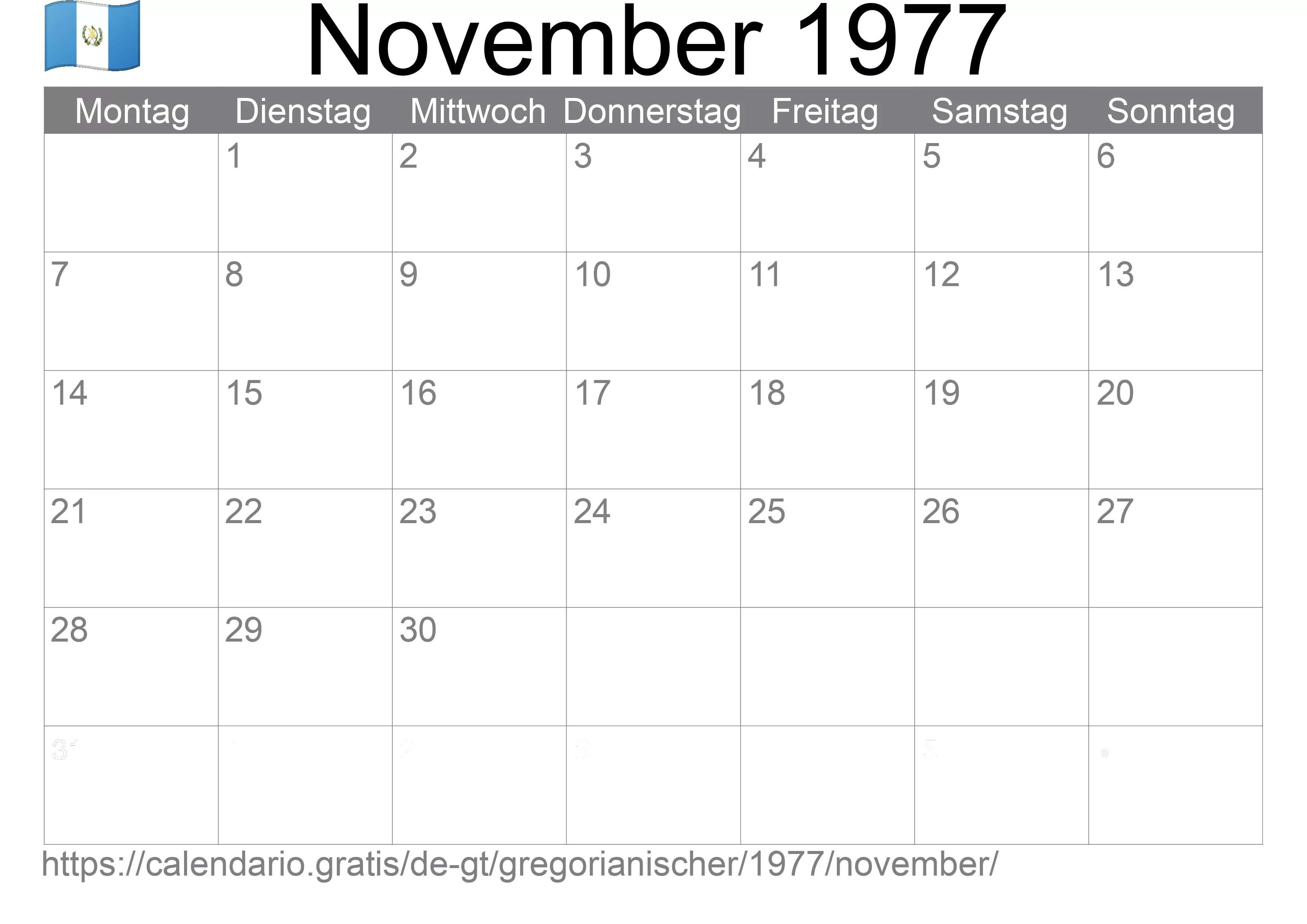 Kalender November 1977 zum Ausdrucken (Guatemala)