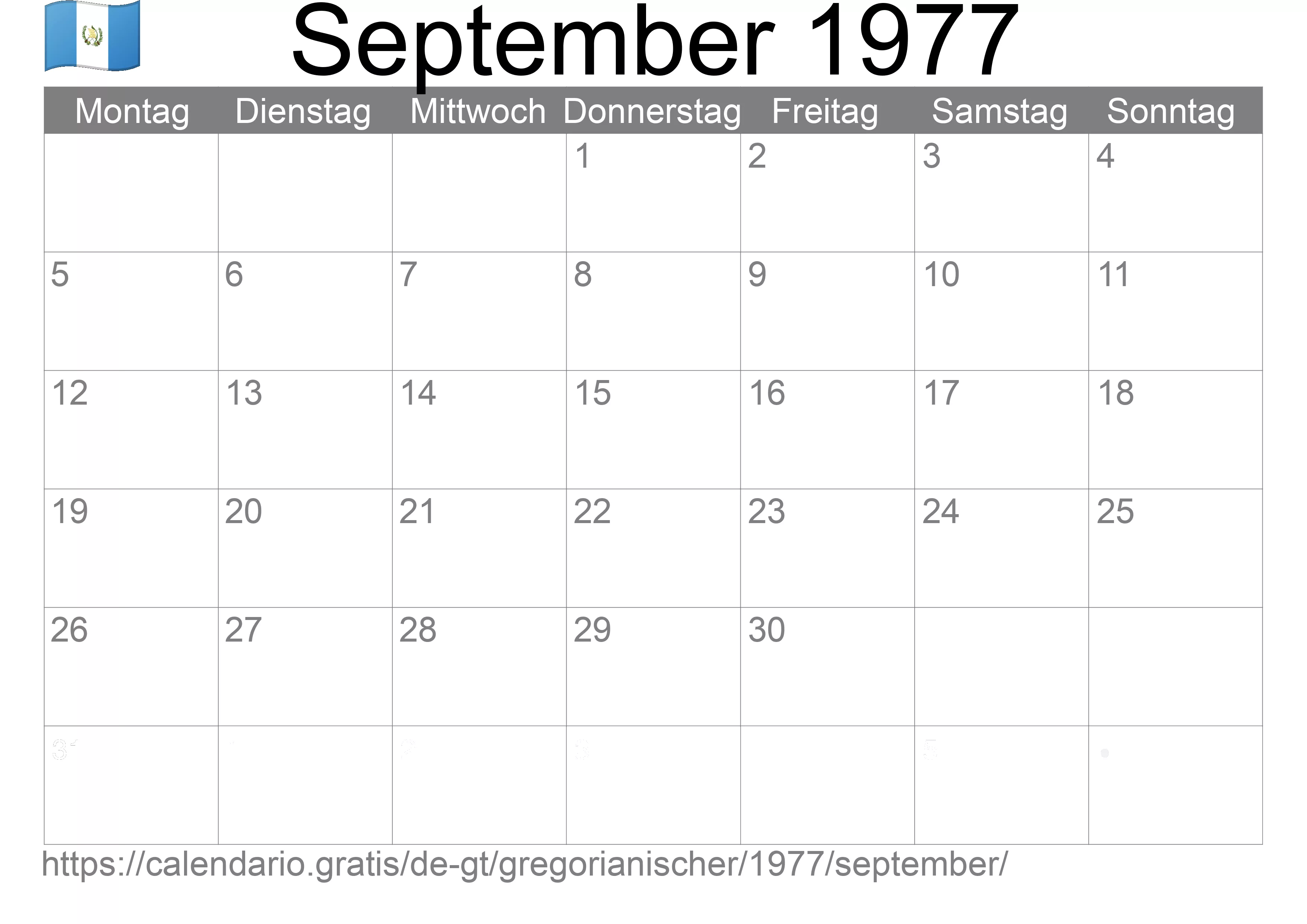 Kalender September 1977 zum Ausdrucken (Guatemala)
