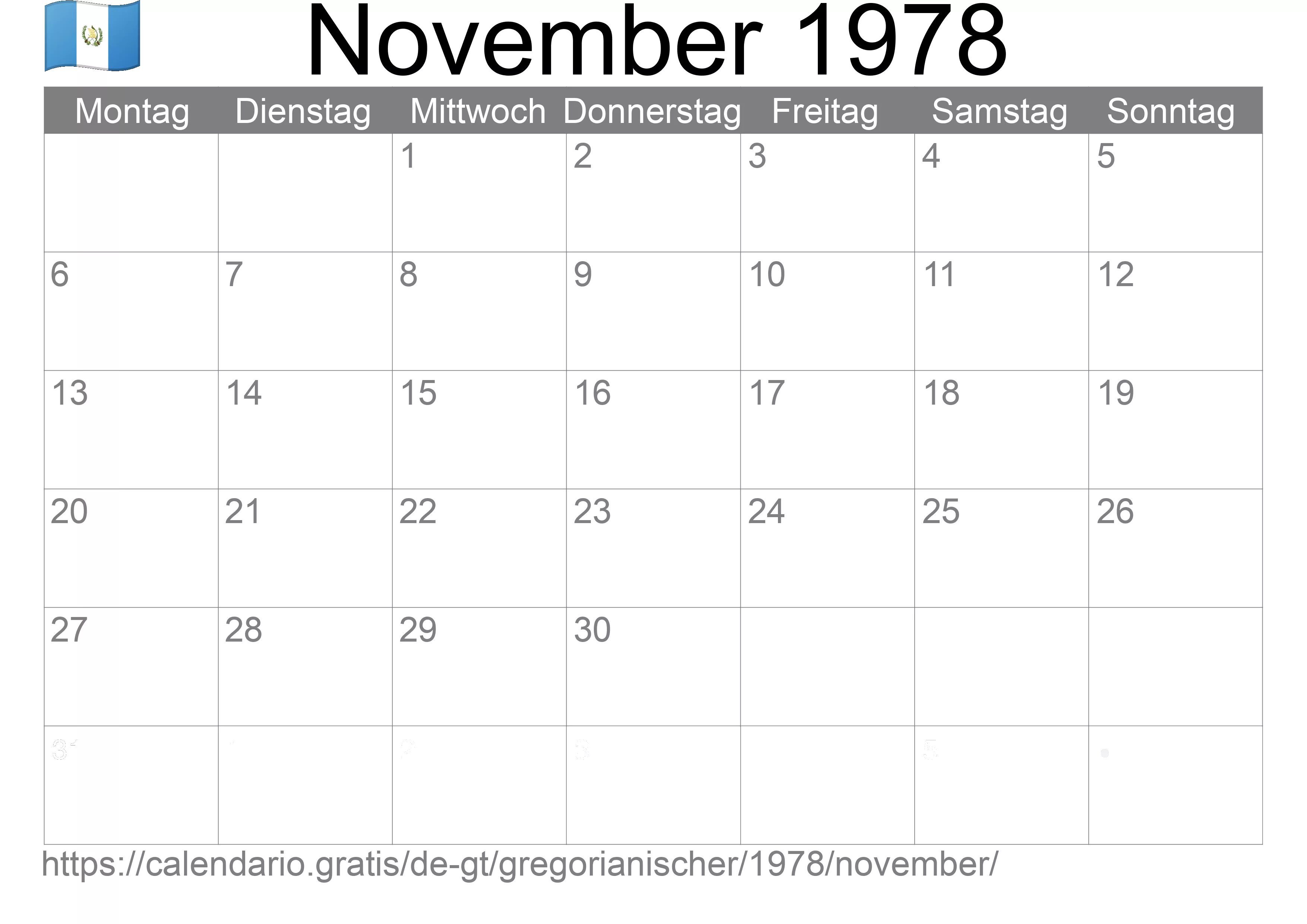 Kalender November 1978 zum Ausdrucken (Guatemala)