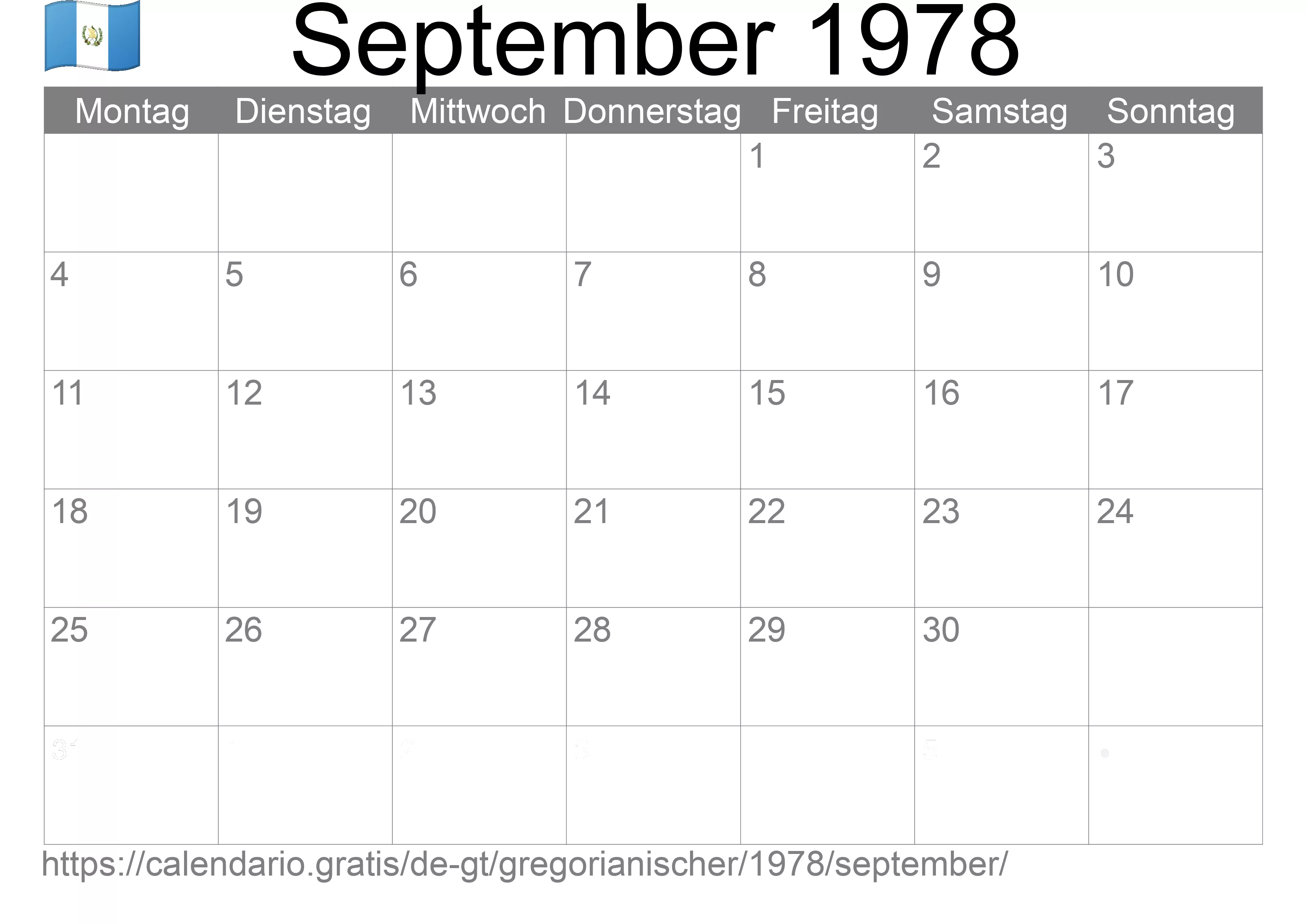 Kalender September 1978 zum Ausdrucken (Guatemala)