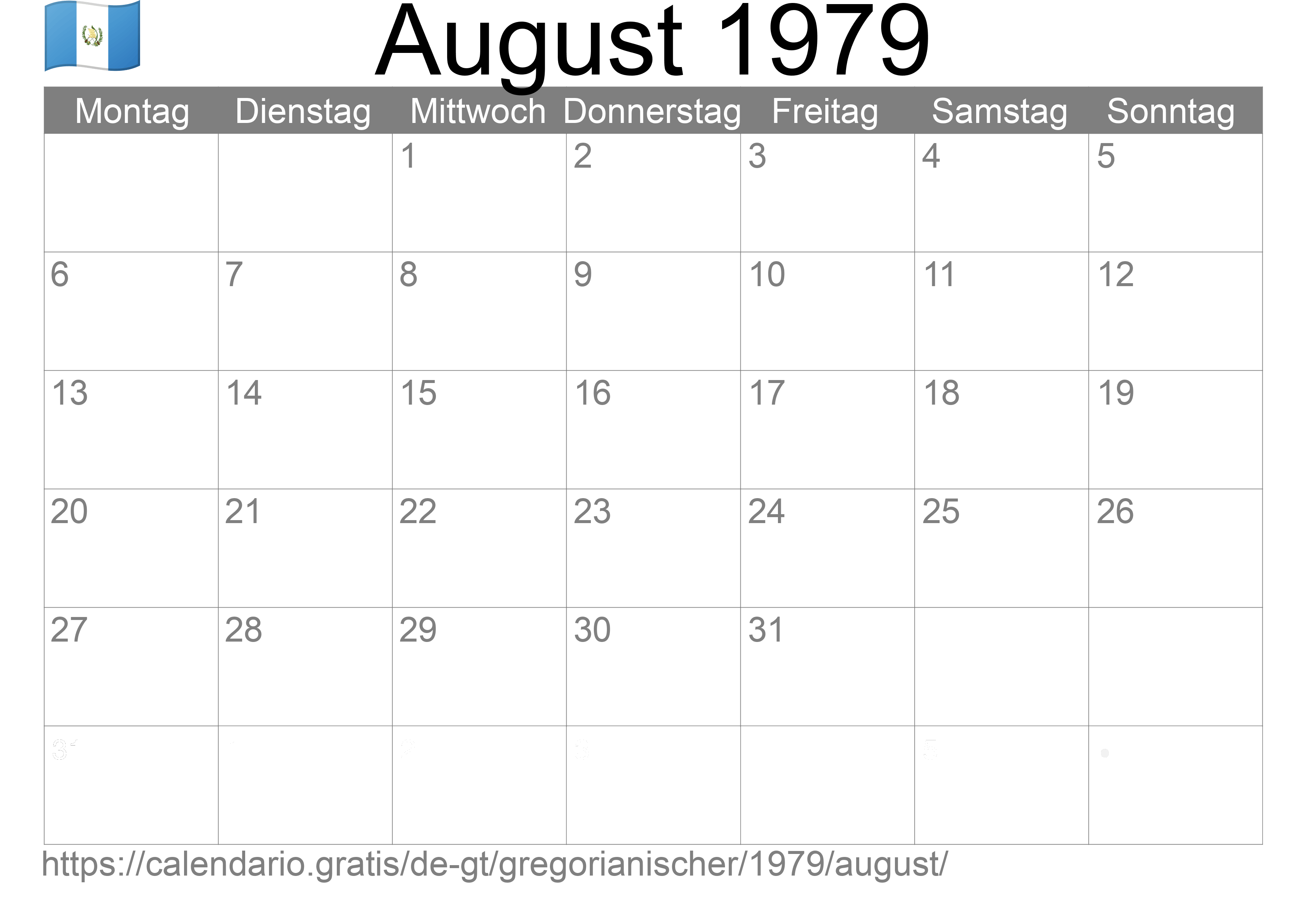 Kalender August 1979 zum Ausdrucken