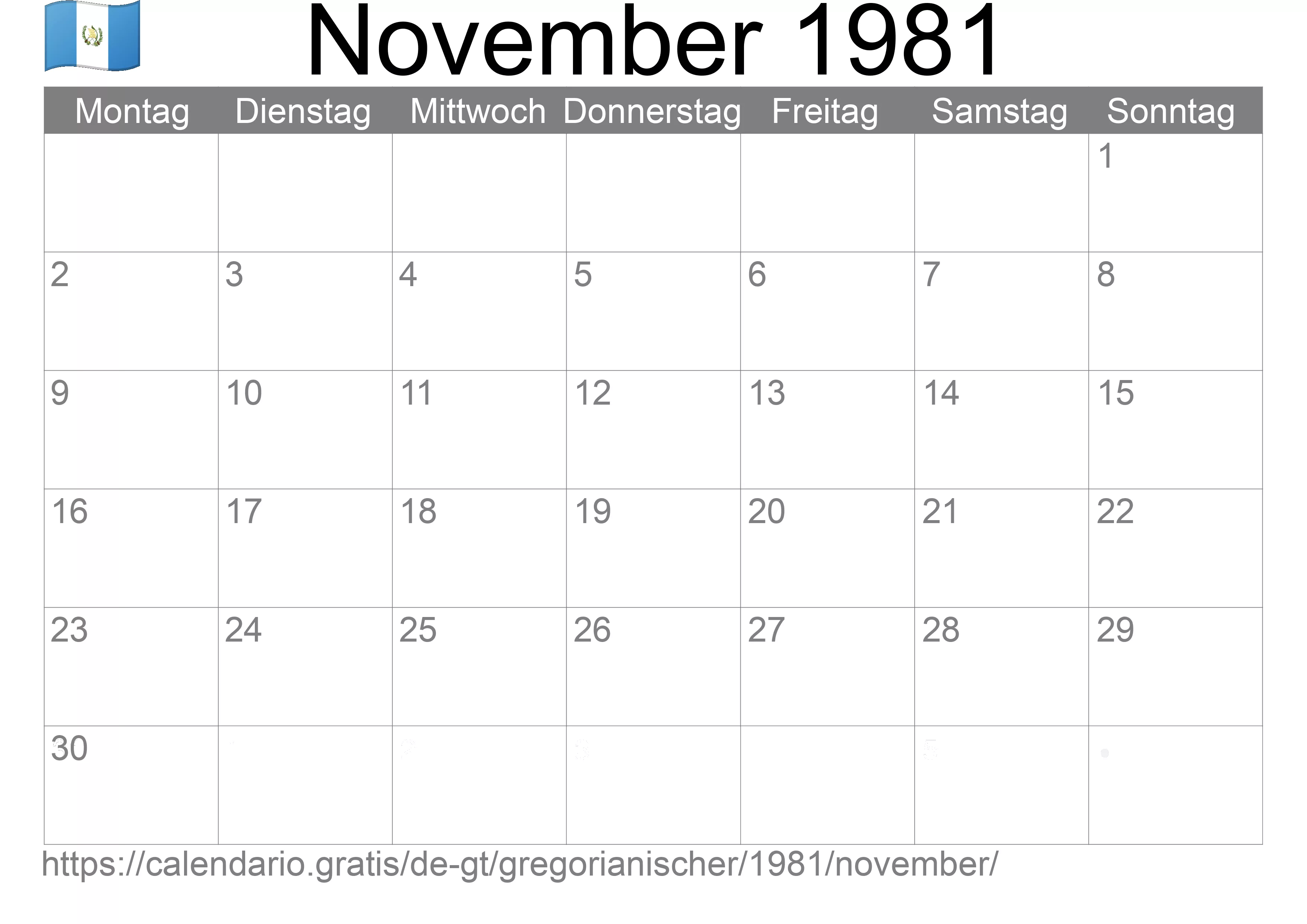 Kalender November 1981 zum Ausdrucken (Guatemala)