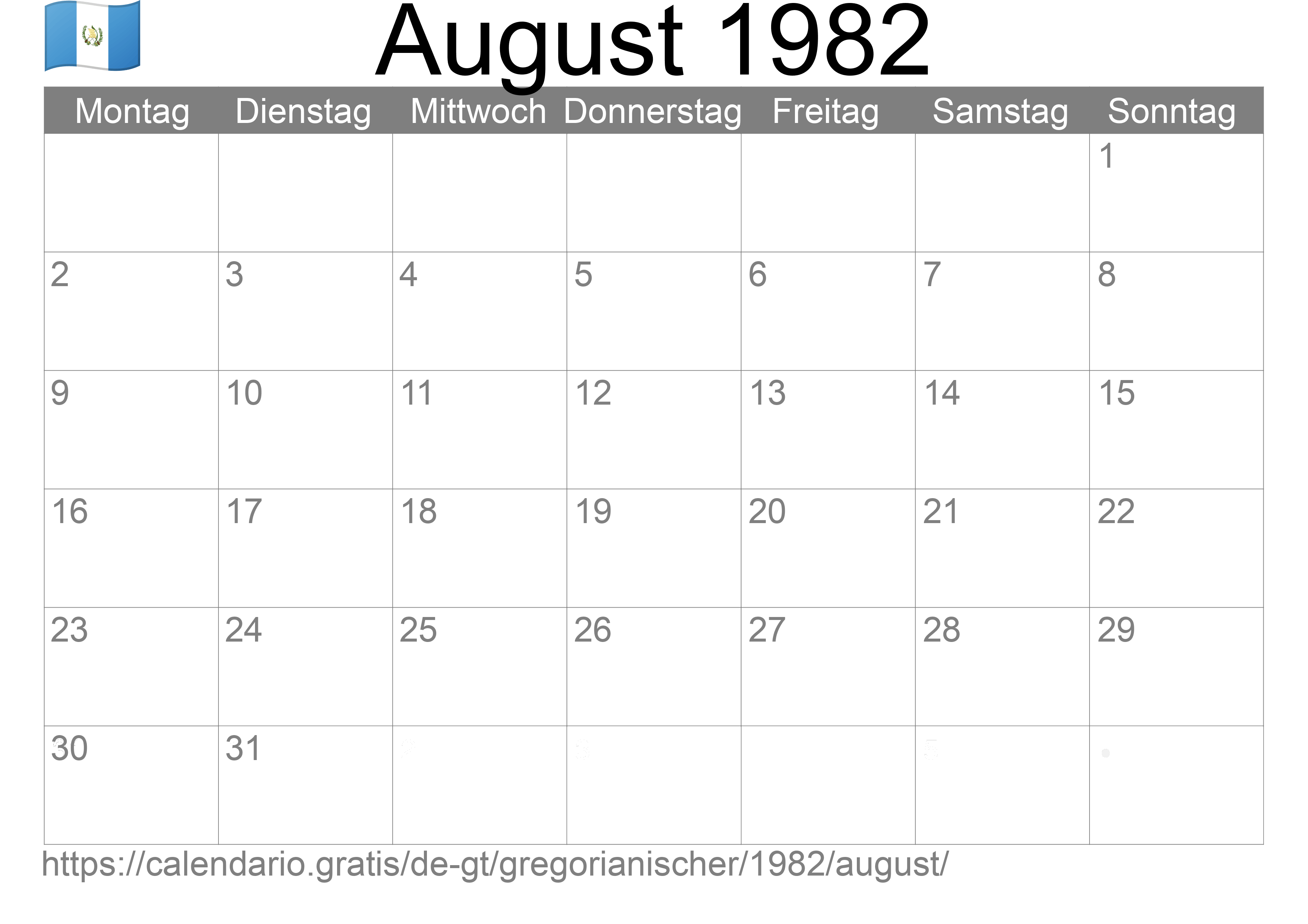 Kalender August 1982 zum Ausdrucken