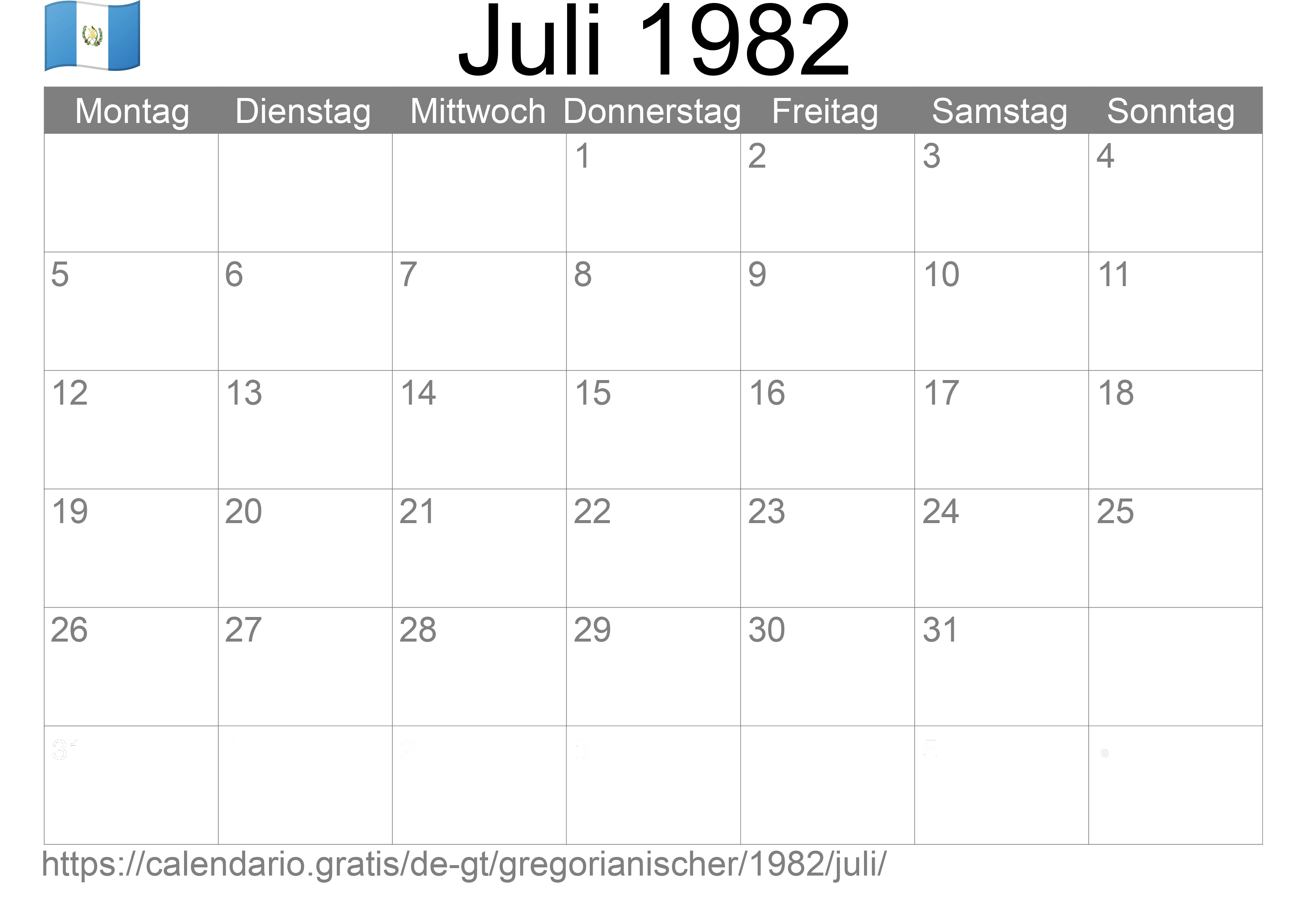 Kalender Juli 1982 zum Ausdrucken