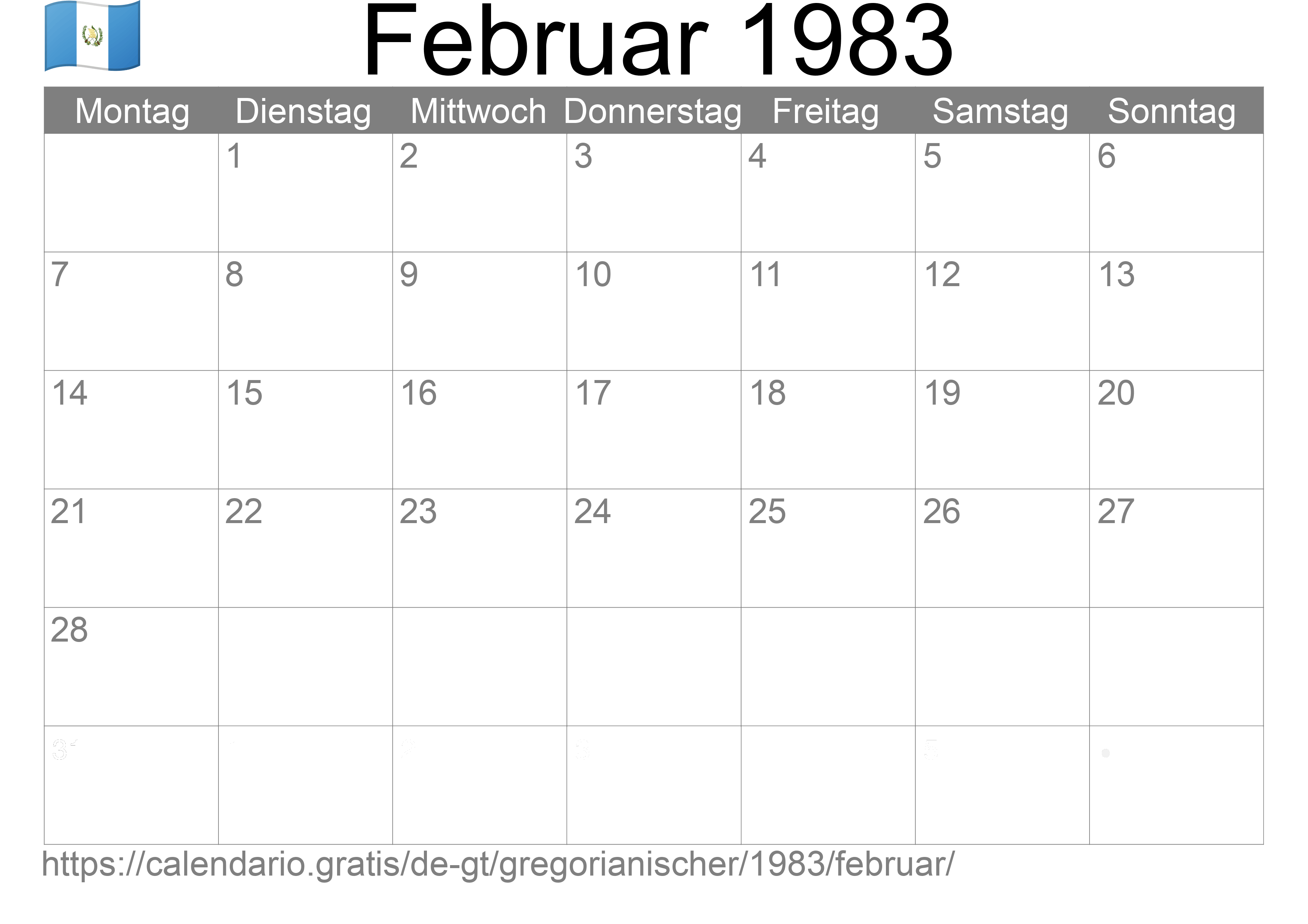 Kalender Februar 1983 zum Ausdrucken