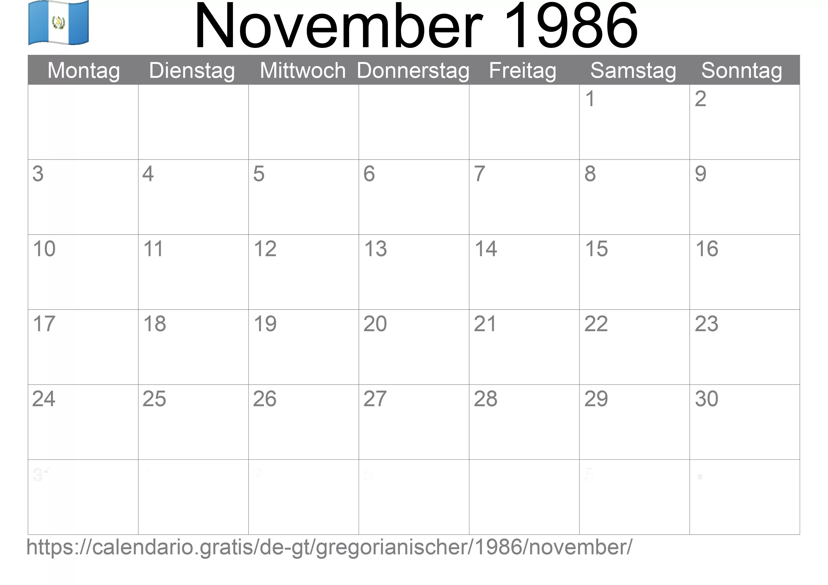 Kalender November 1986 zum Ausdrucken (Guatemala)