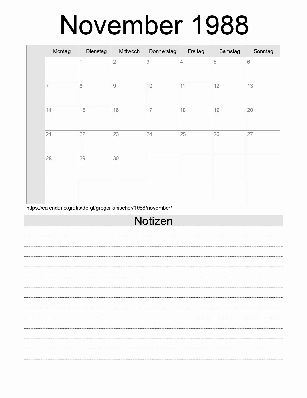 Kalender für November 1988 zum Drucken mit Notizen. (Guatemala)