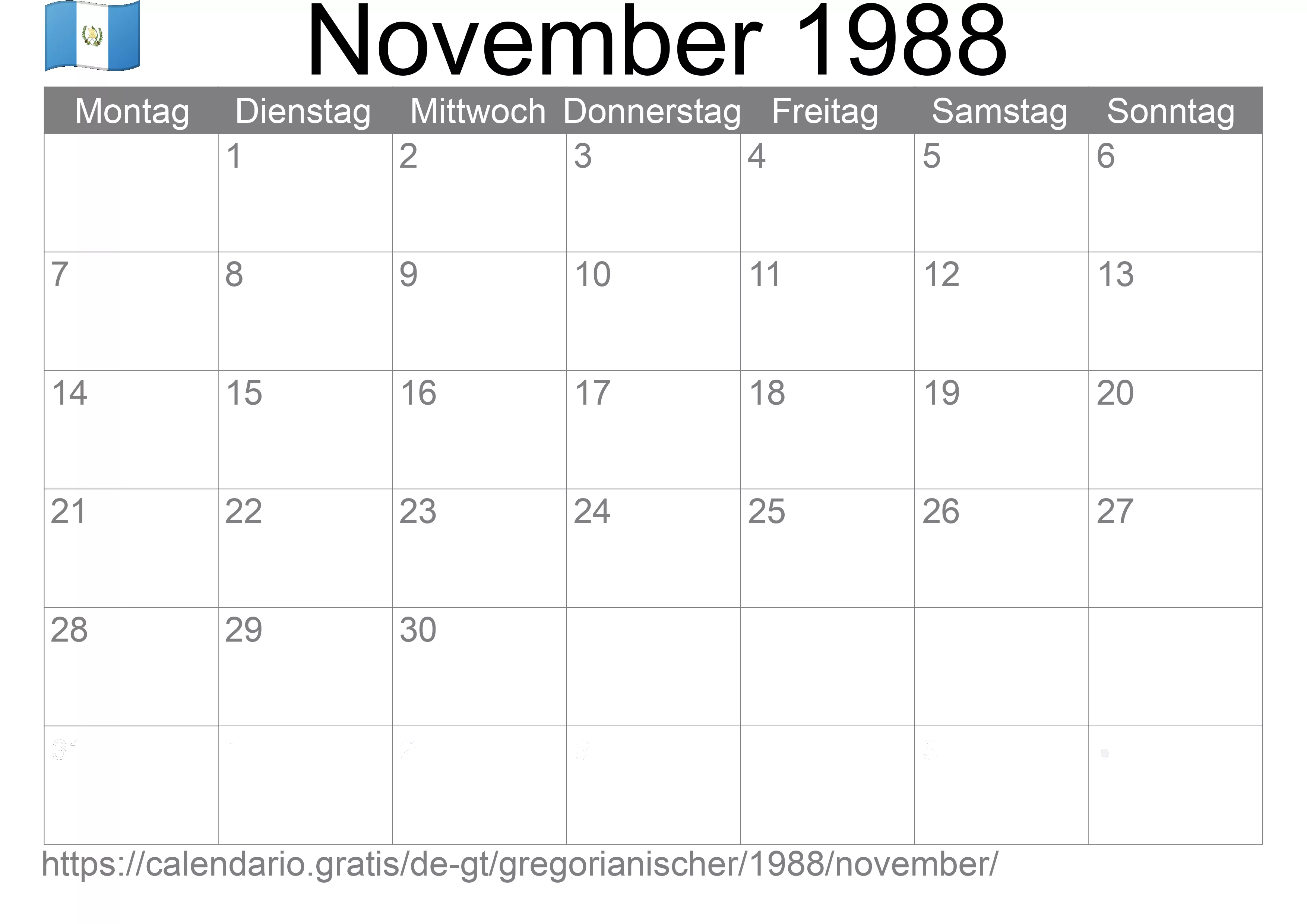 Kalender November 1988 zum Ausdrucken (Guatemala)