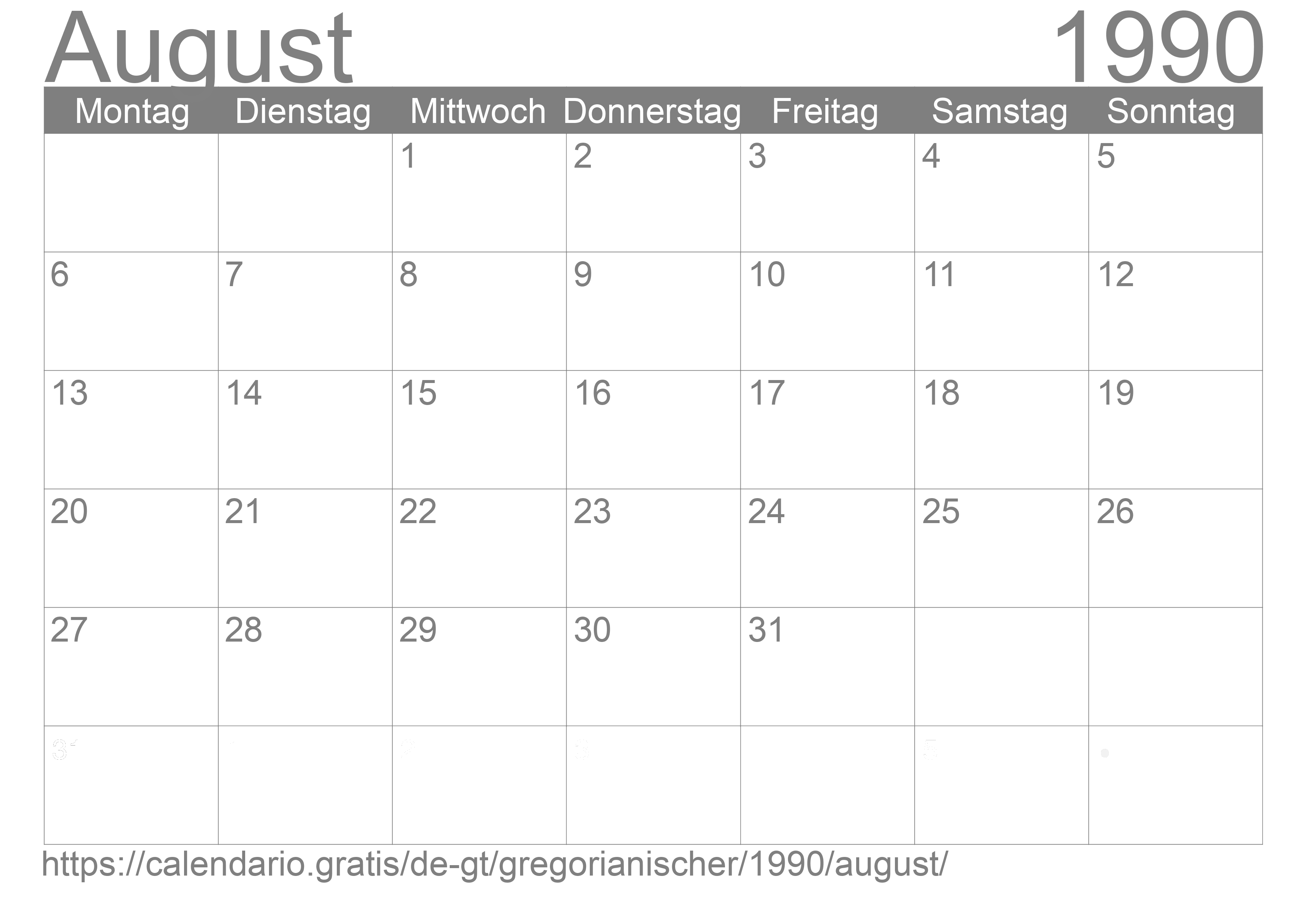 Kalender August 1990 zum Ausdrucken
