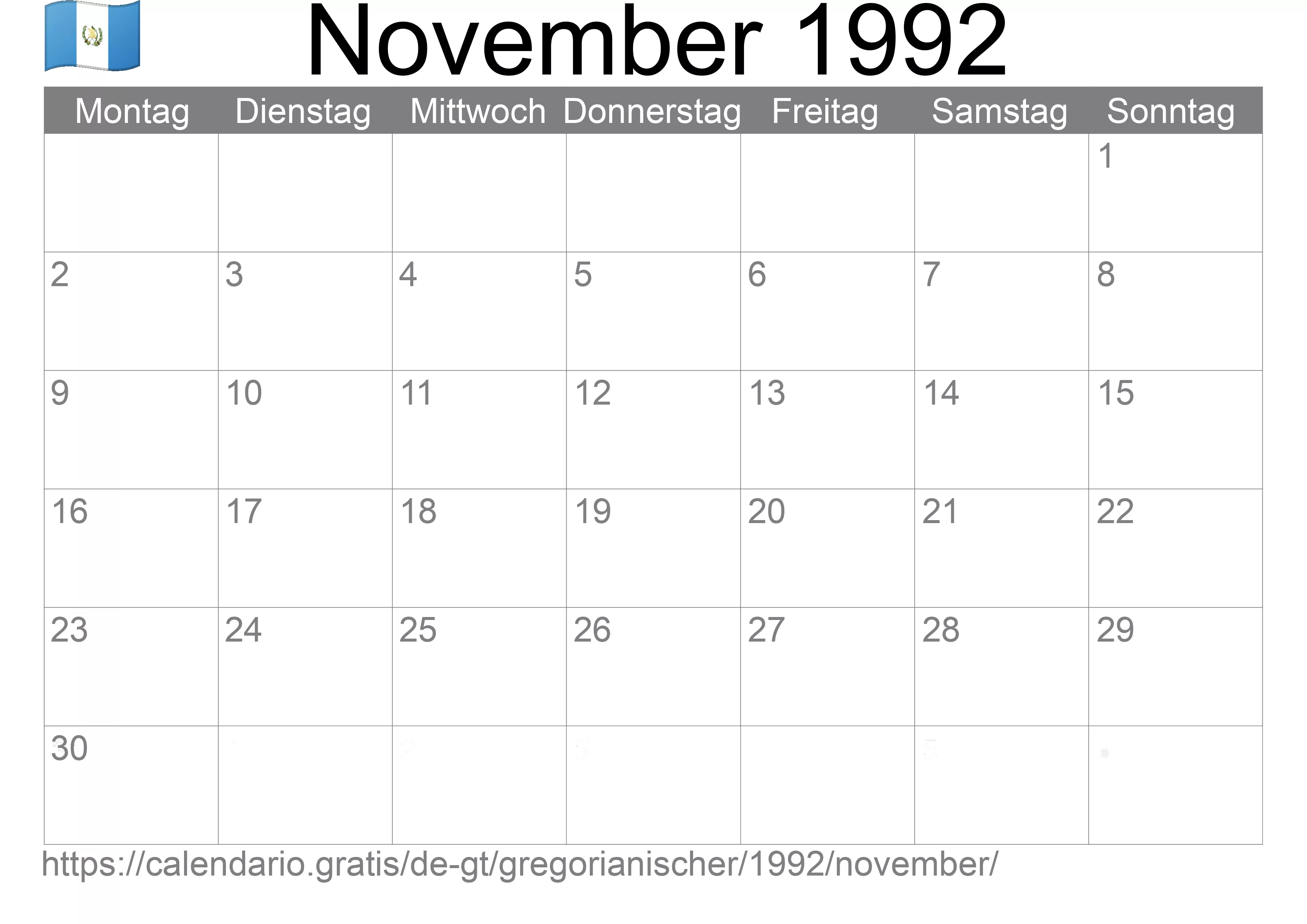 Kalender November 1992 zum Ausdrucken (Guatemala)